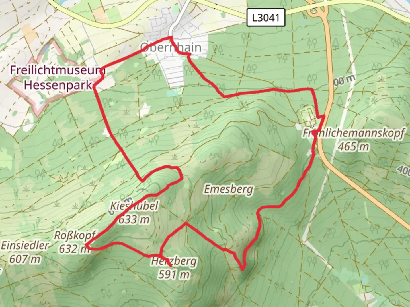 An image depicting the trail Kieshuebel and Herzberg via Limeswanderweg and Taunusklub Route and its surrounding area.