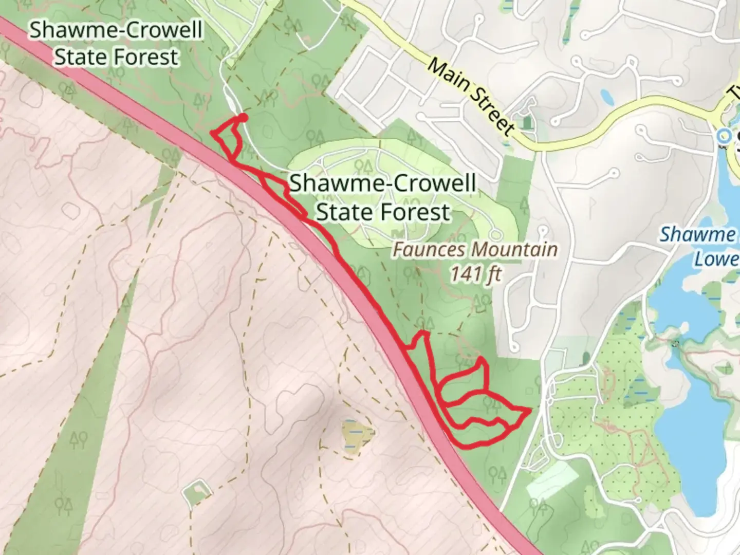 An image depicting the trail Shawme-Crowell State Forest Loop and its surrounding area.