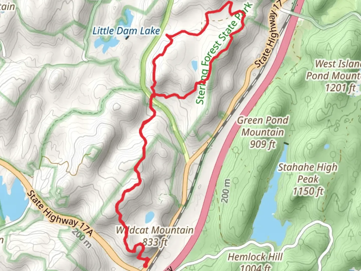 An image depicting the trail Indian Hill Loop from State Highway 17 and its surrounding area.