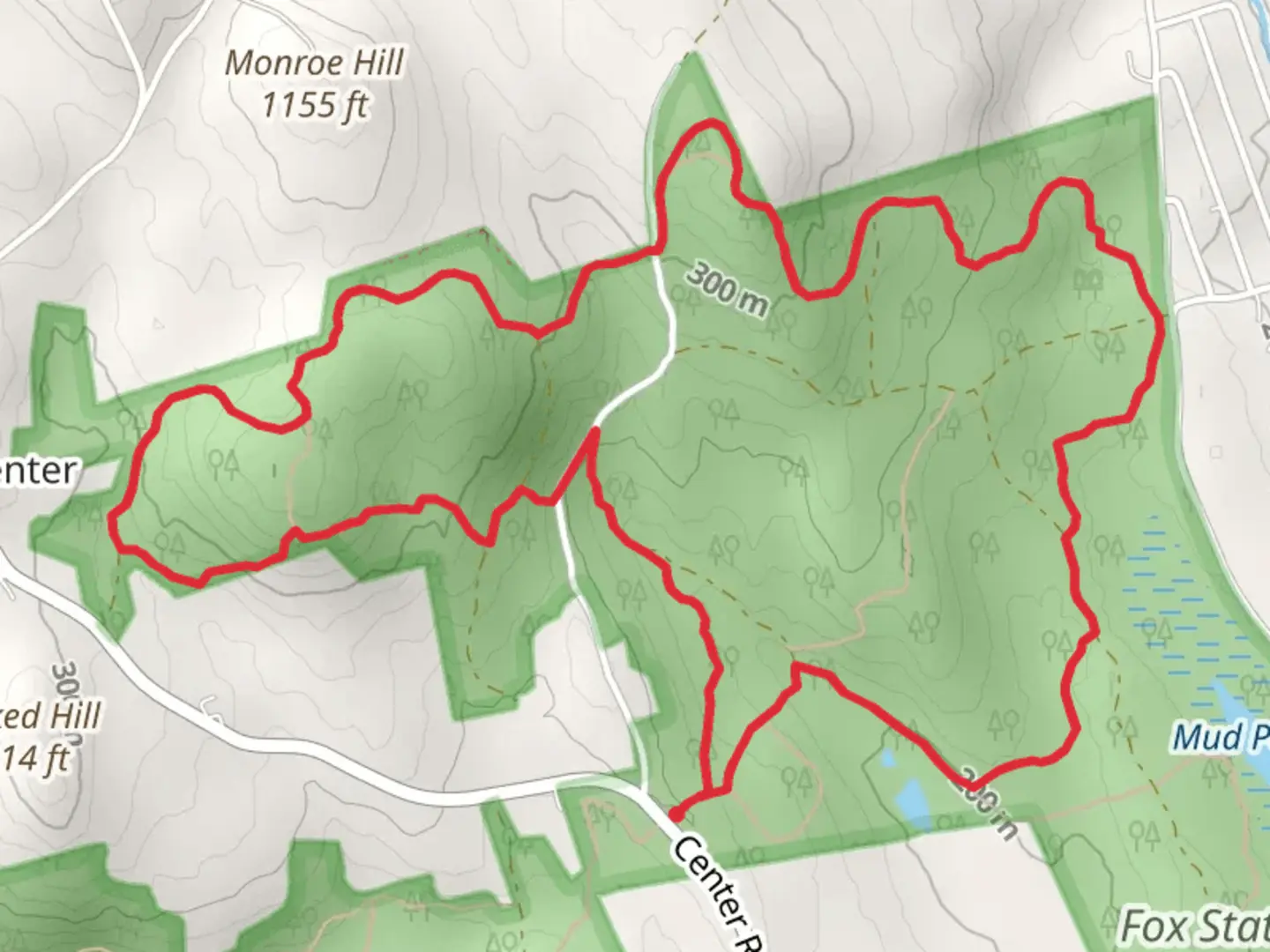 An image depicting the trail Fox State Forest Loop and its surrounding area.