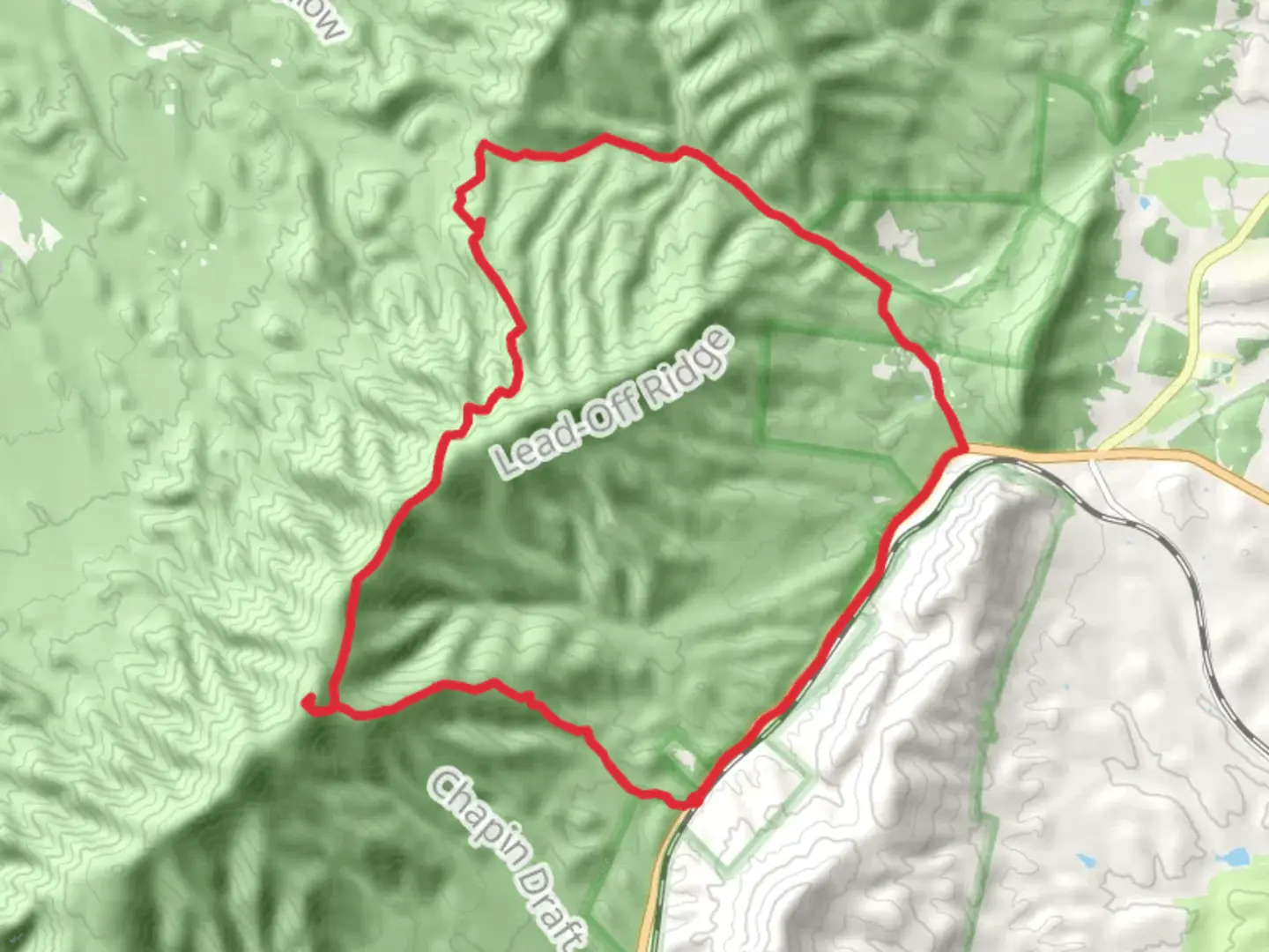 An image depicting the trail Elliot Knob Forest Road and North Mountain Loop Trail and its surrounding area.