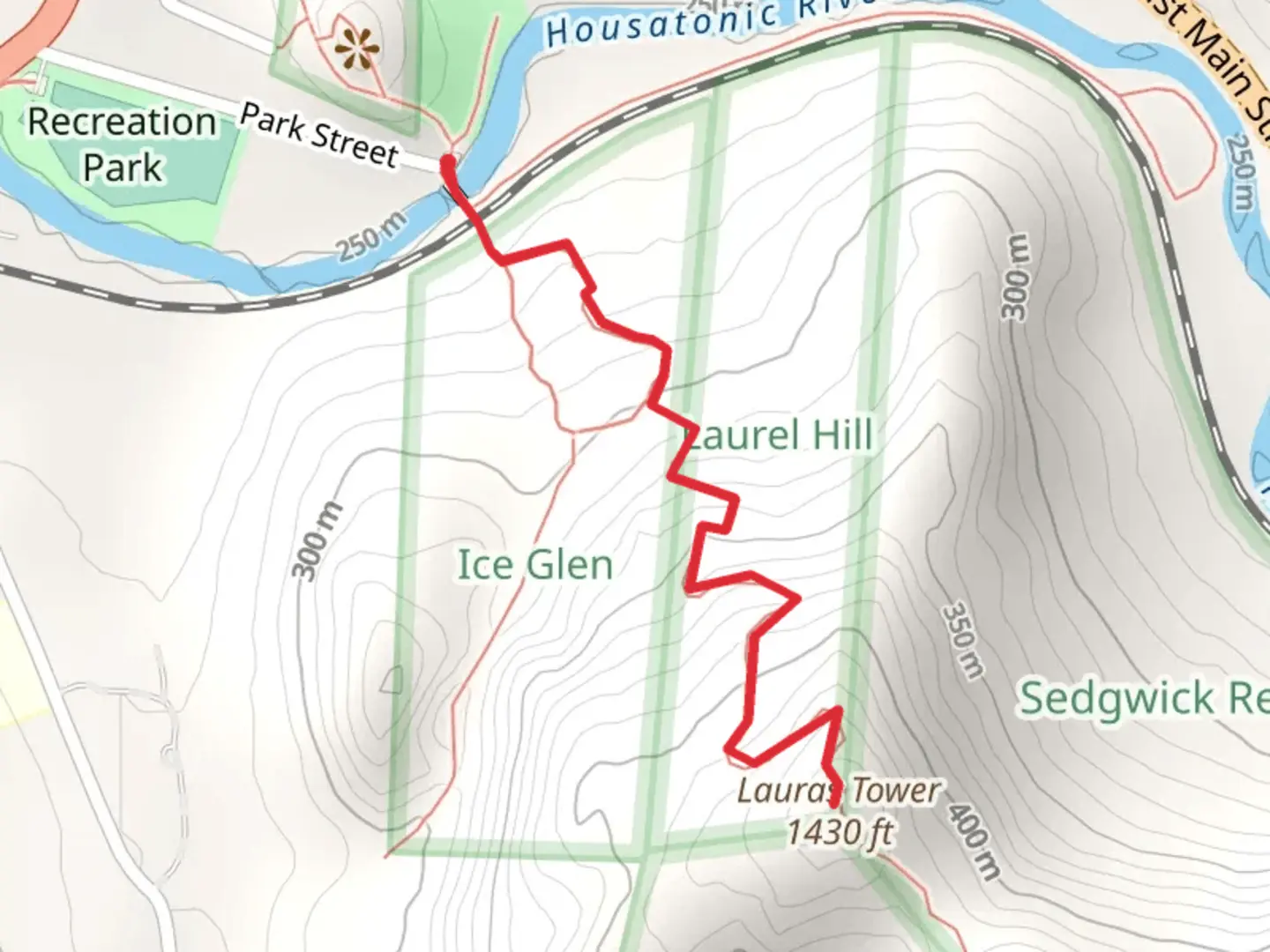 An image depicting the trail Lauras Tower from Park Street and its surrounding area.