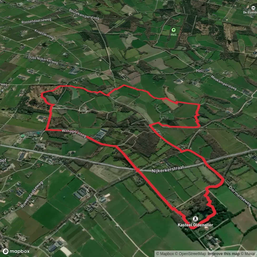 An image depicting the trail Kasteel oldenaller via Withagersteeg and Hogesteeg and its surrounding area.