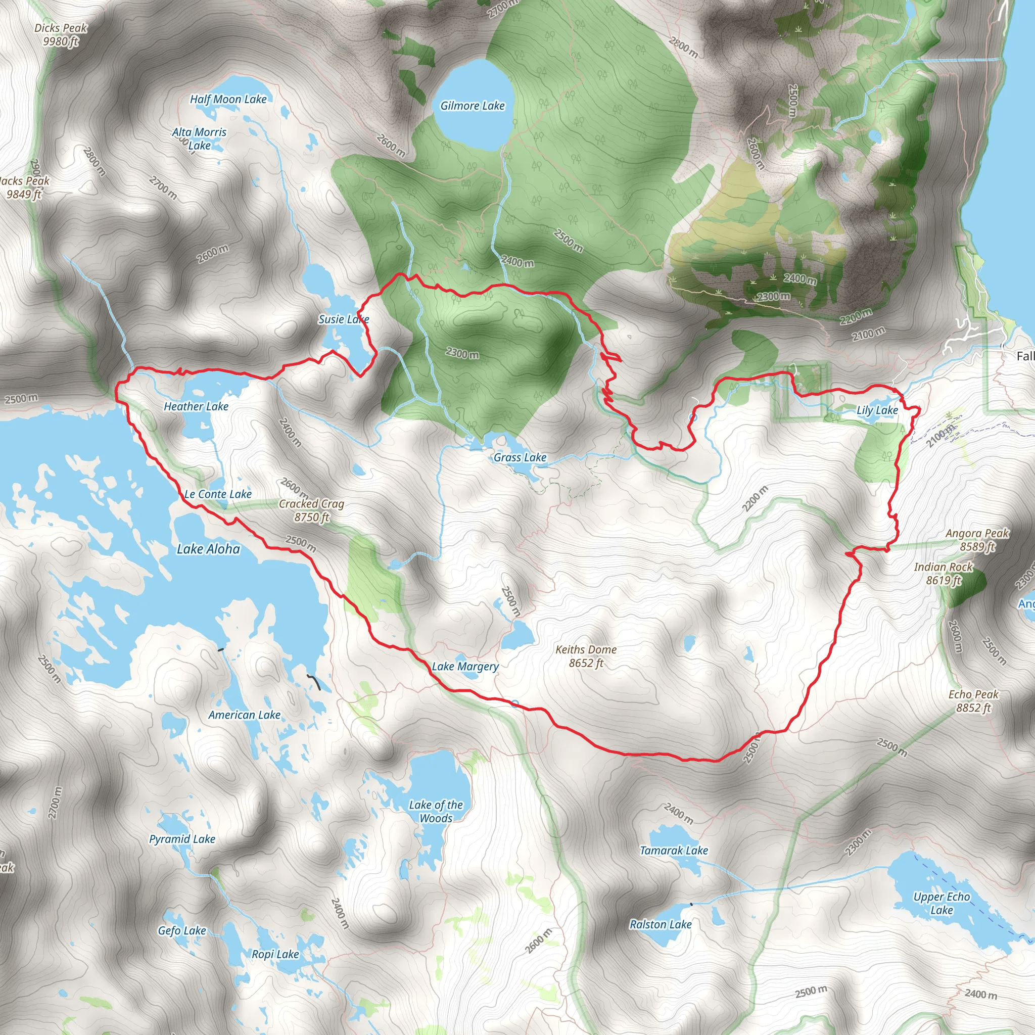 Glen Alpine, Susie Lake, Heather Lake, Lake Aloha Loop Trail mobile static map