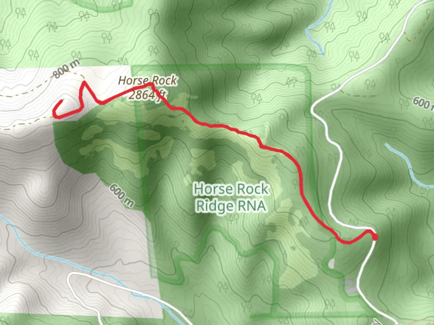 An image depicting the trail Horse Rock Out and Back and its surrounding area.