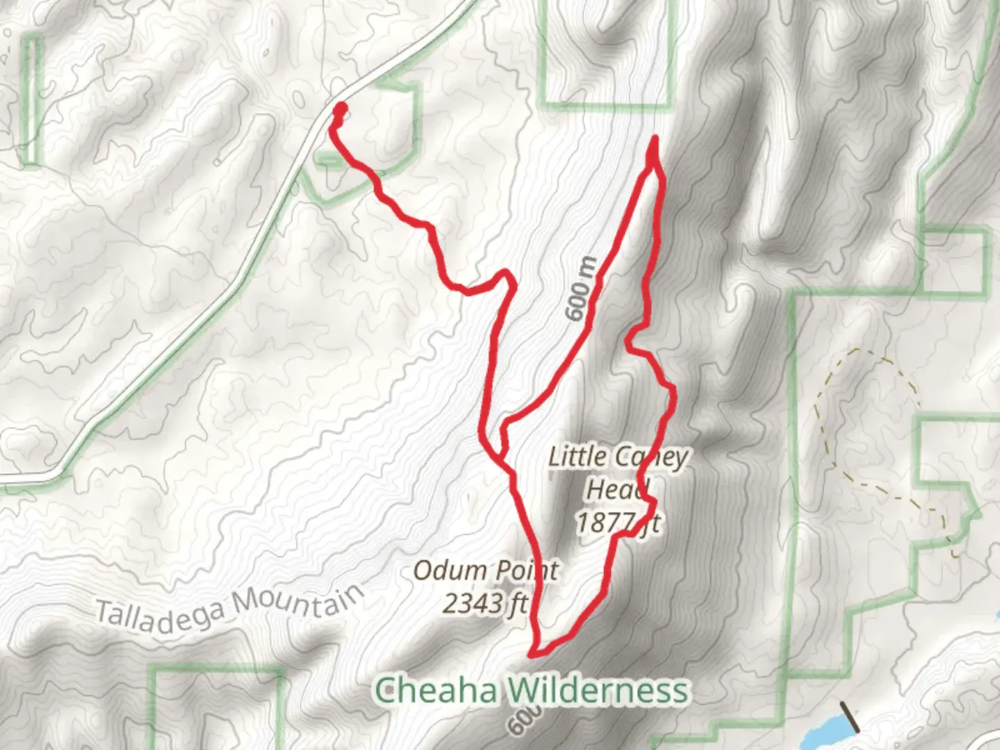 An image depicting the trail Parker High Point via Chinnabee Silent Trail, Odum Trail and Nubbin Creek Loop Trail and its surrounding area.