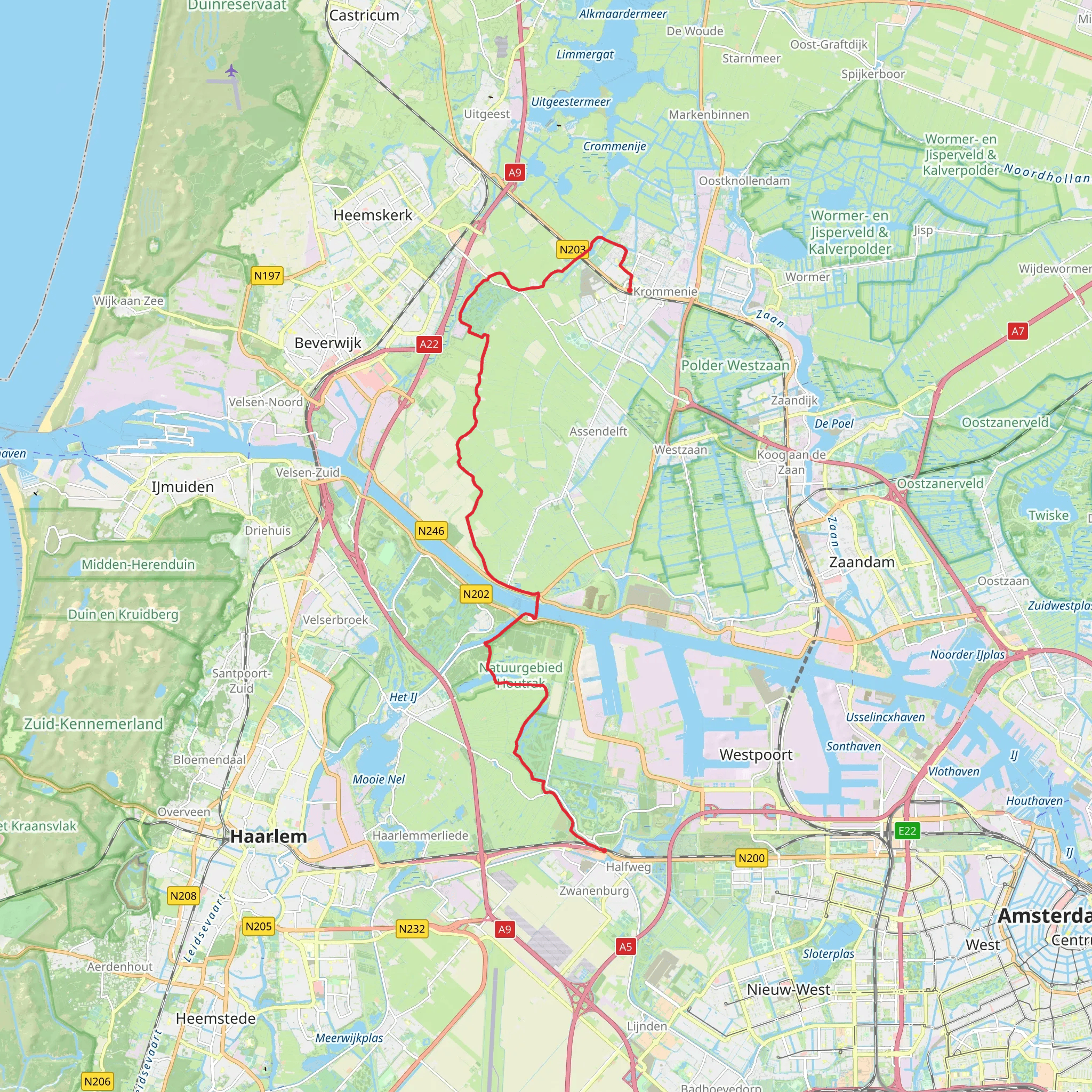 Krommenie Assendelft to Halfweg Zwanenbueg via Houtrakpolder and Golfterrein mobile static map