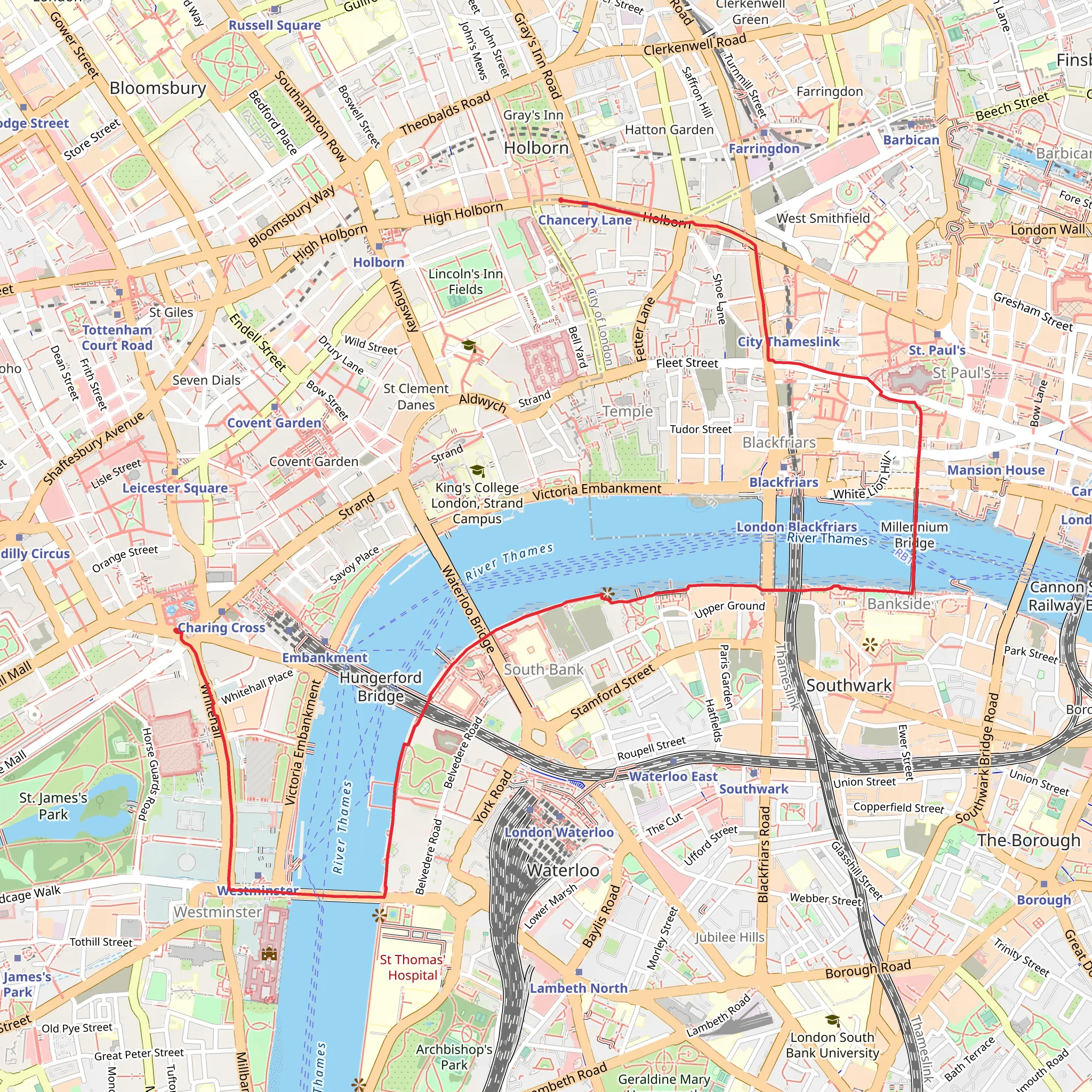 Chancery Lane to Trafalgar Square mobile static map