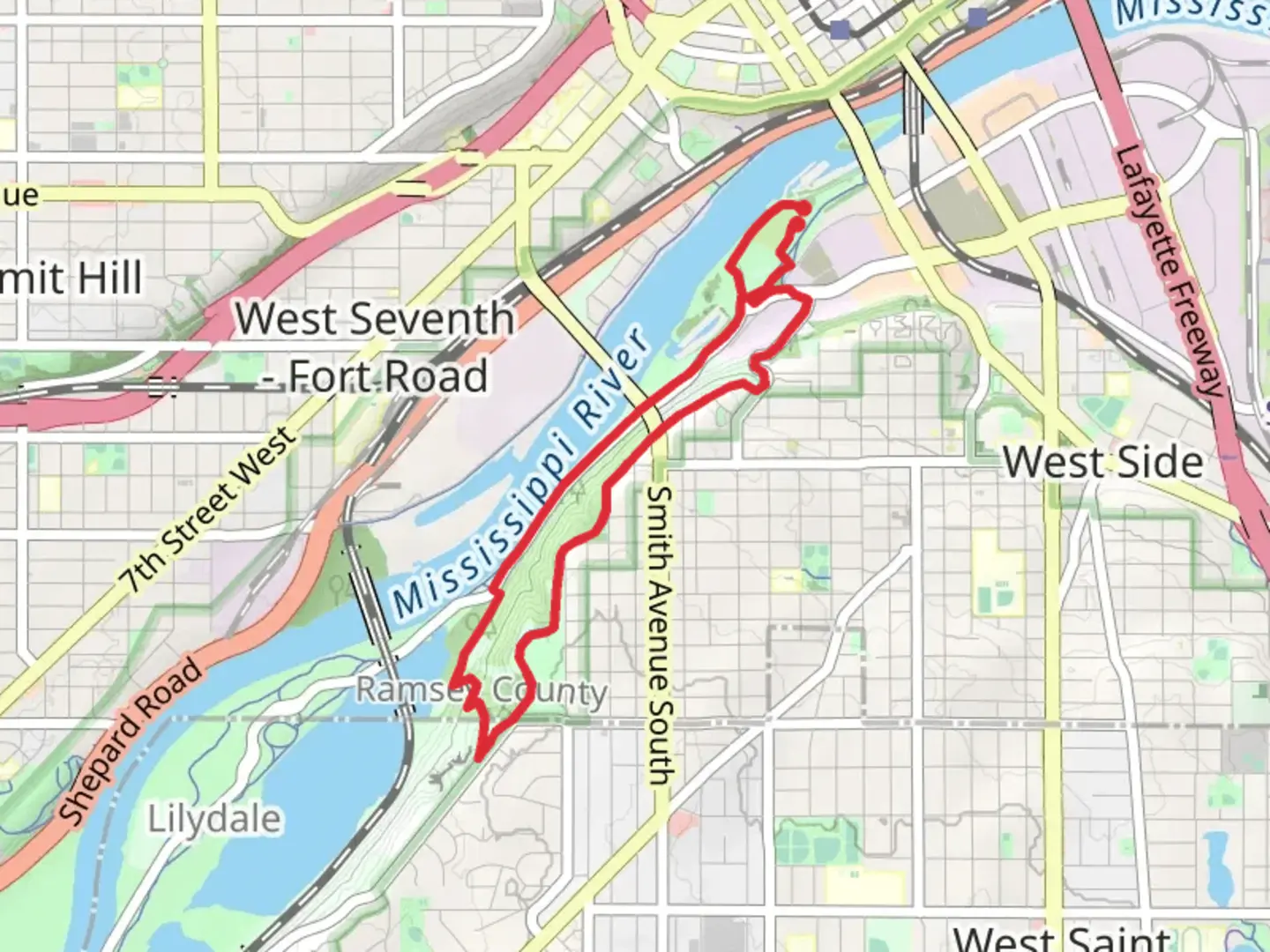 An image depicting the trail Harriet Island Regional Park and Cherokee Regional Park Loop and its surrounding area.