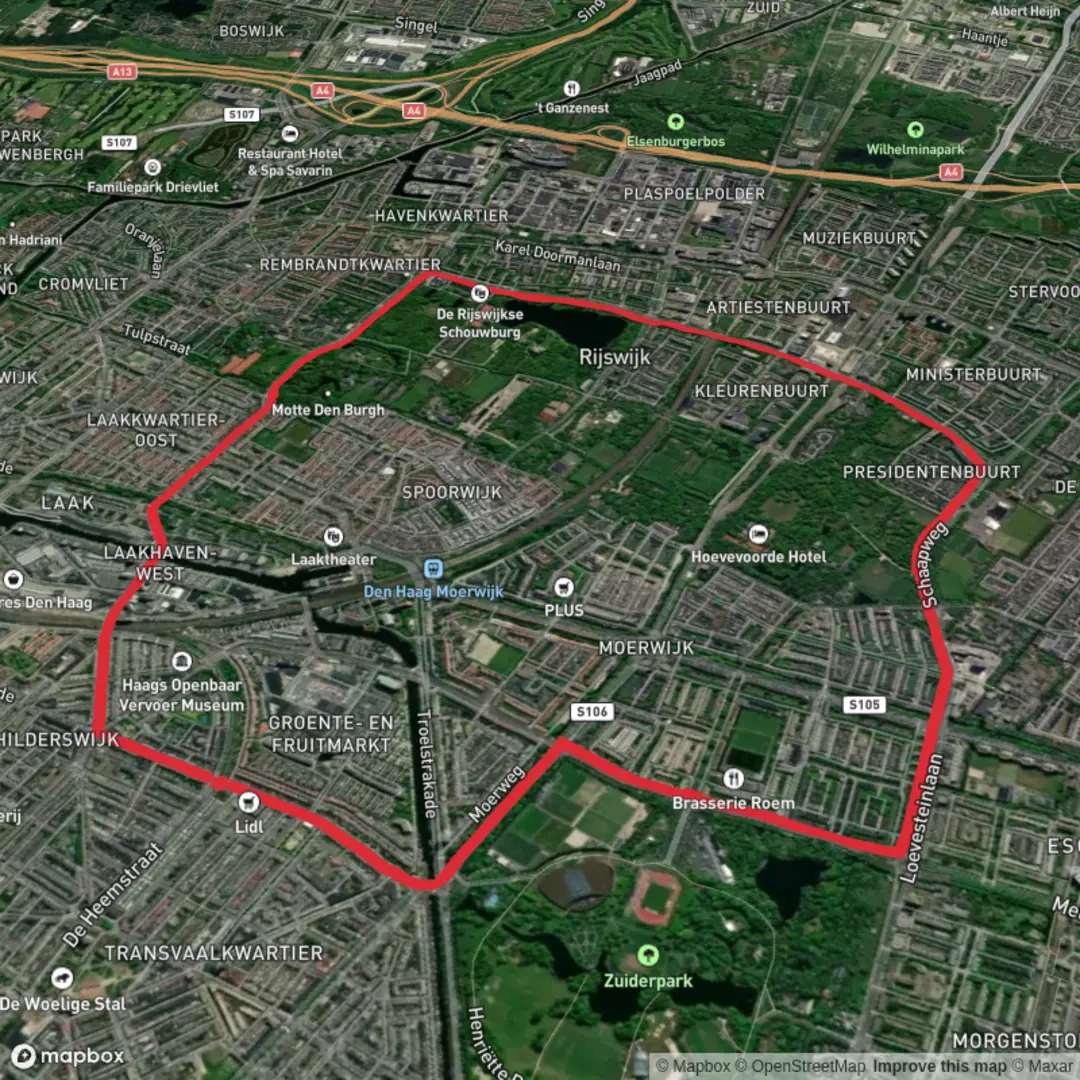 An image depicting the trail Melis Stokelaan, Loevesteiniaan and Schaap Weg and its surrounding area.