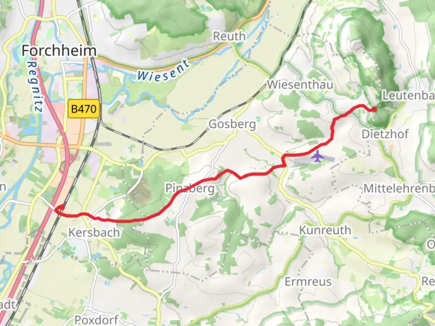 An image depicting the trail Kersbach to Dietzhof via Kersbach - Schlaifhausen and its surrounding area.