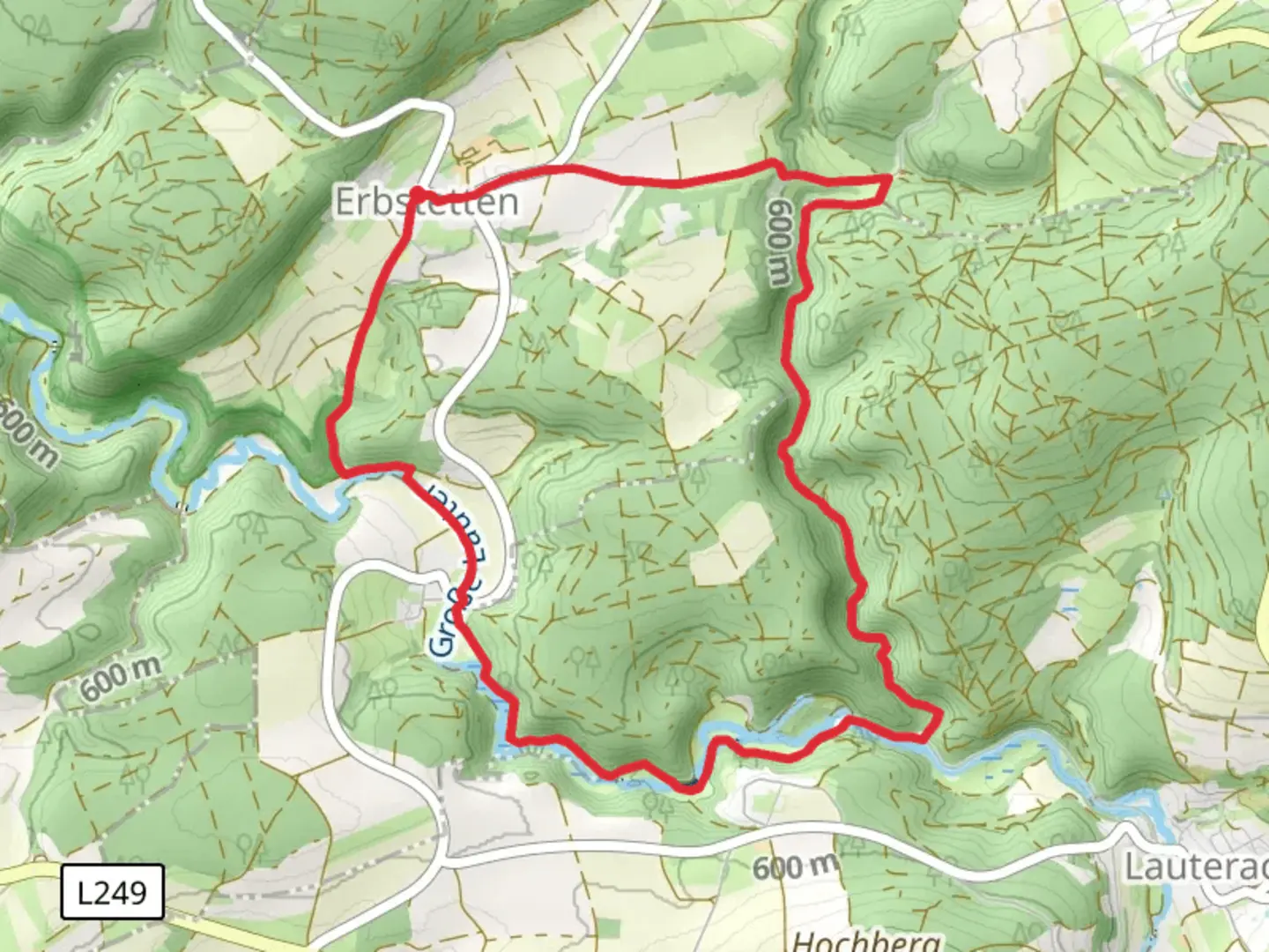 An image depicting the trail Grosse Lauter via Burgfelsenpfad and Schwaebische Alb Oberschwaben Weg and its surrounding area.