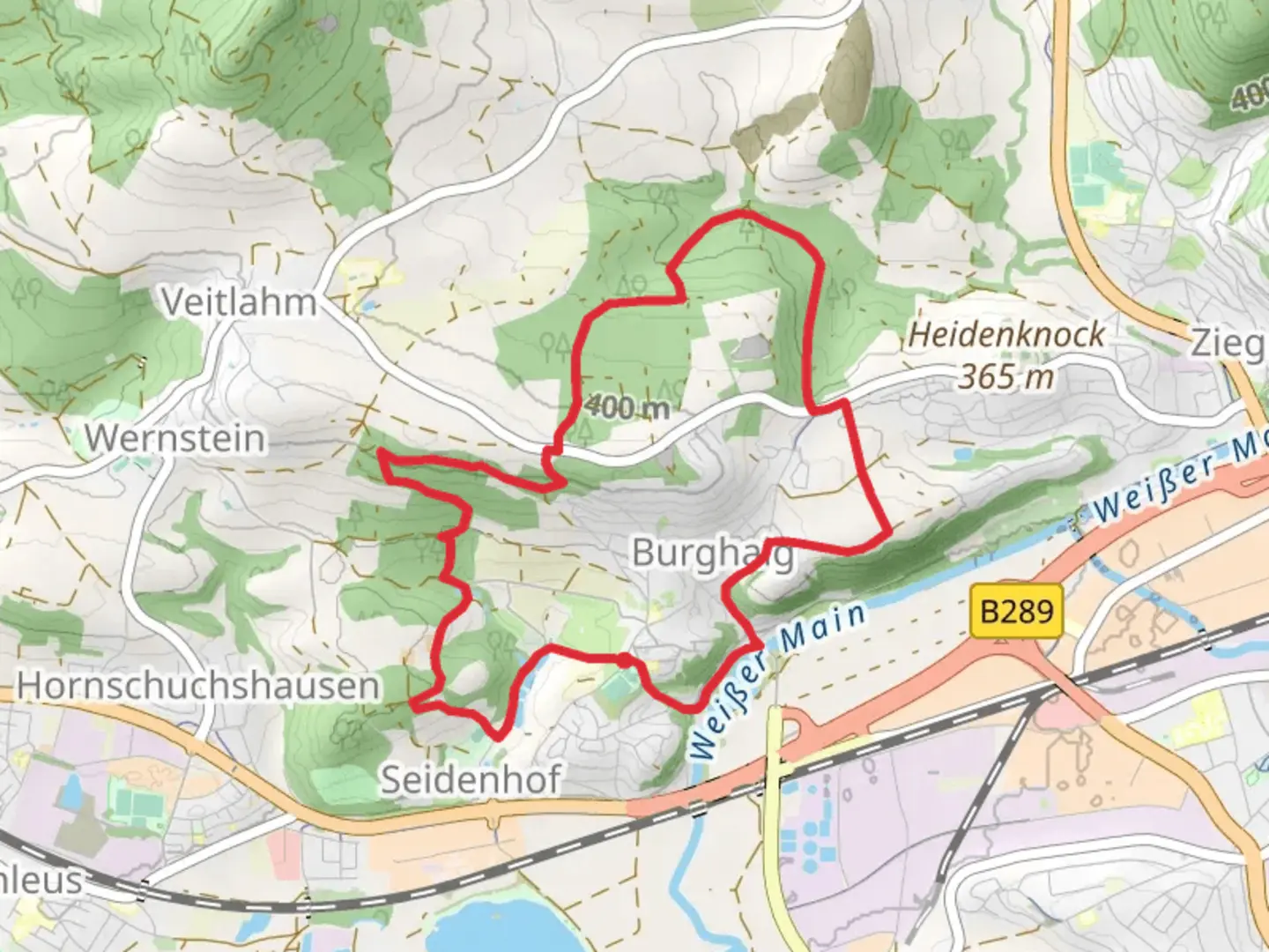 An image depicting the trail Stausee via Rundwanderweg Burghaig and its surrounding area.