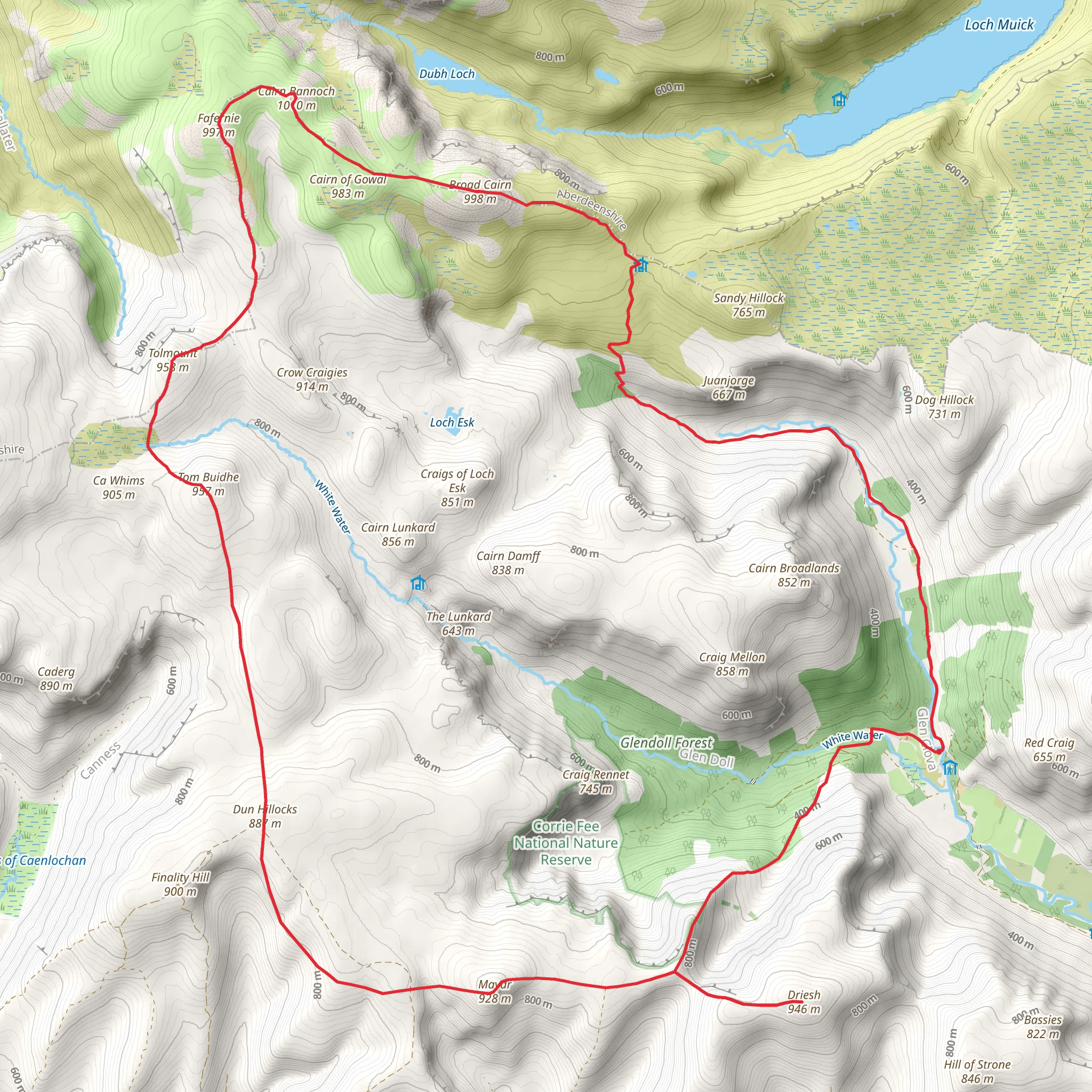 Cairn Bannoch and Tolmount Loop mobile static map