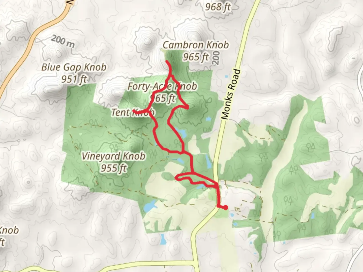 An image depicting the trail F-G-H Lake, Frederic Lake and Tent Knob via Main Path to Cross Knob Loop and its surrounding area.