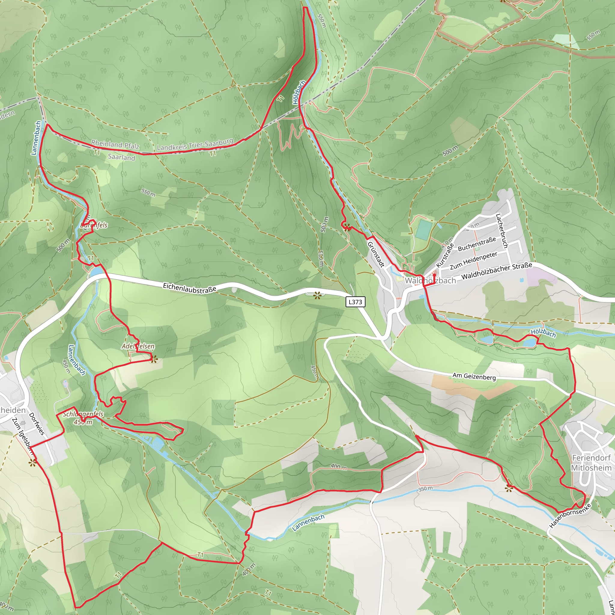 Teufelsfels, Baerenfels, Baerenfelsweiher and Adelsfelsen via Felsenweg Losheim mobile static map