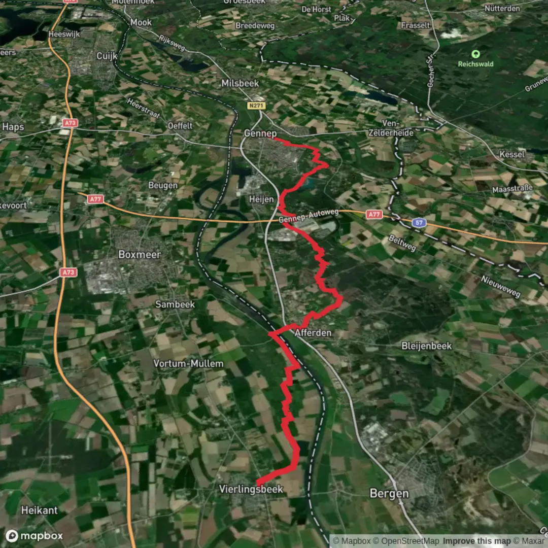 An image depicting the trail Kerk to Niersbrug via Quin and Heijense Bossen and its surrounding area.