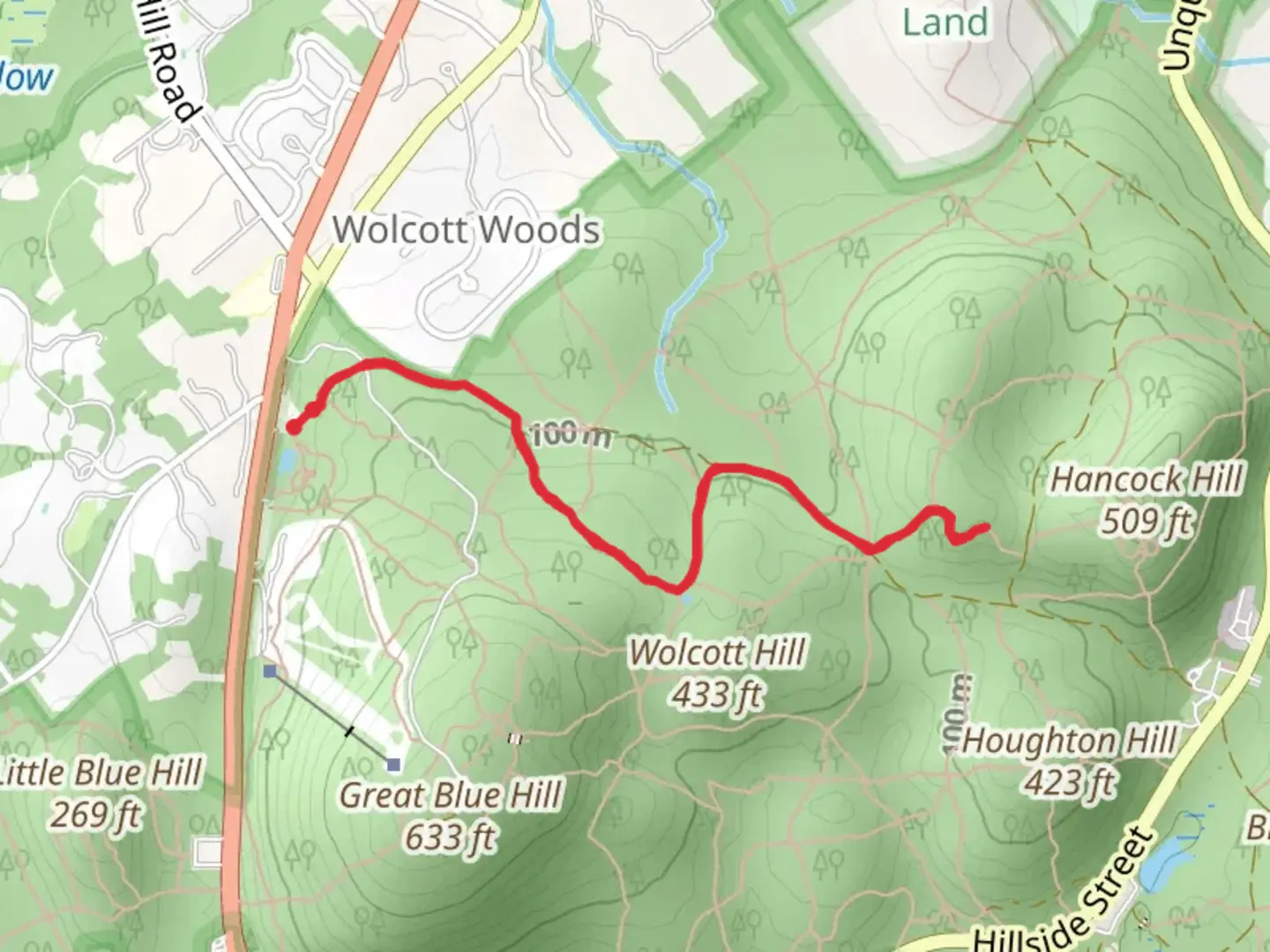 An image depicting the trail Hemenway Hill via Wolcott Path and its surrounding area.