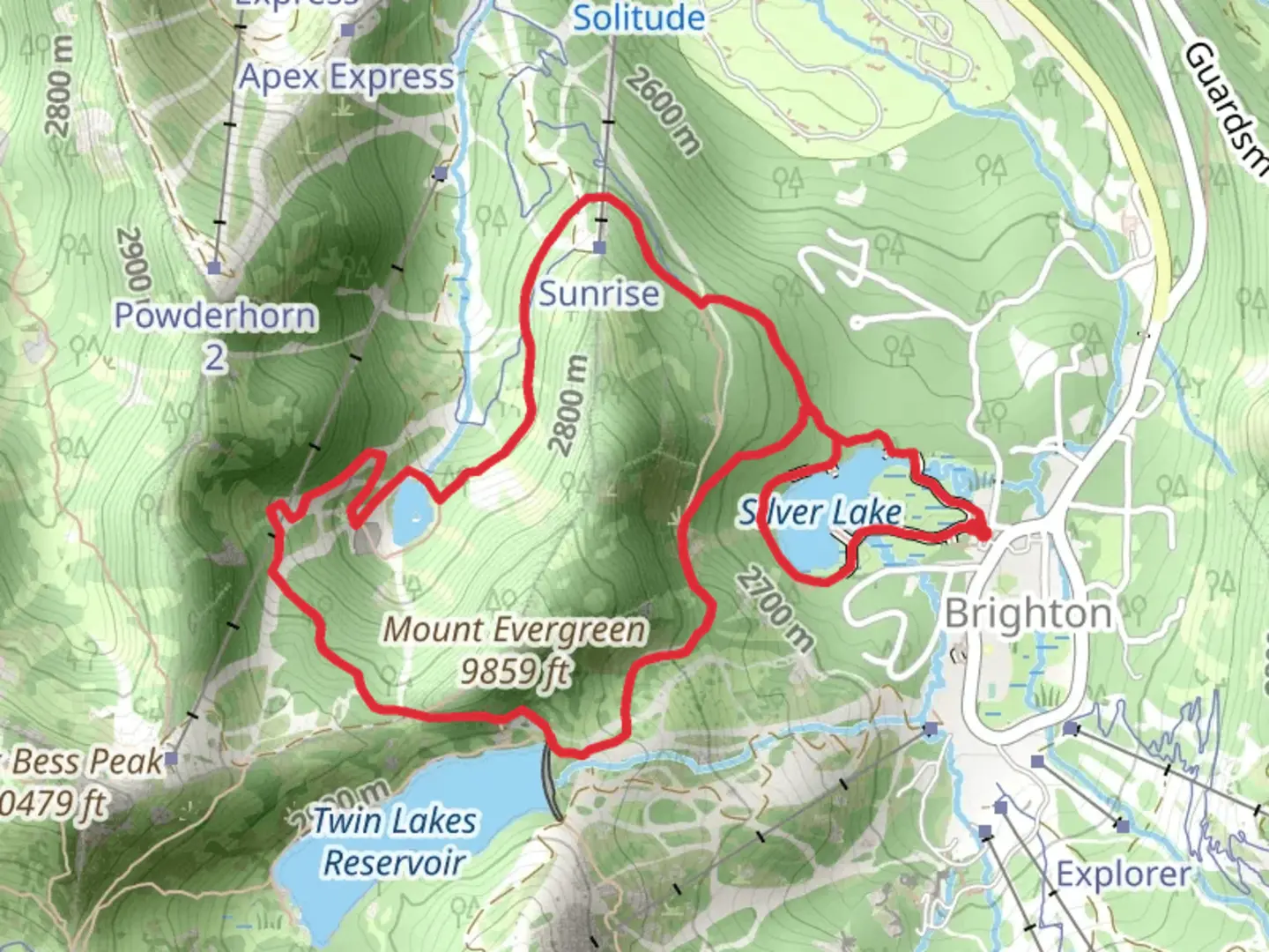 An image depicting the trail Silver Lake Trail and Lake Solitude Trail and its surrounding area.