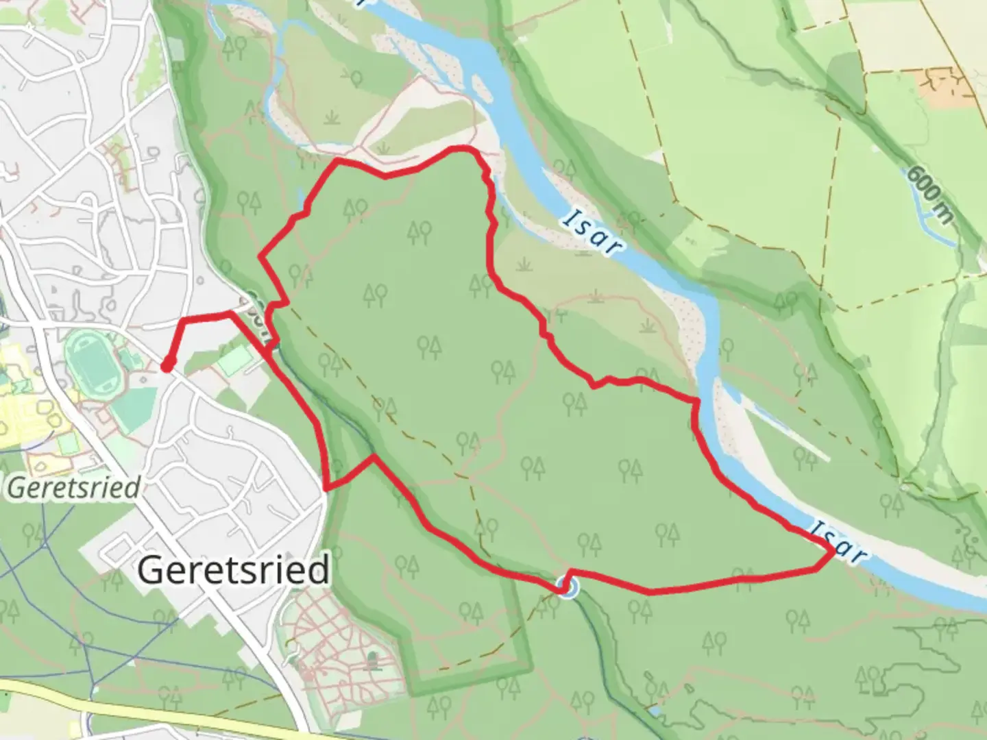 An image depicting the trail Geretsrieder and Wolfratshauser Loop and its surrounding area.