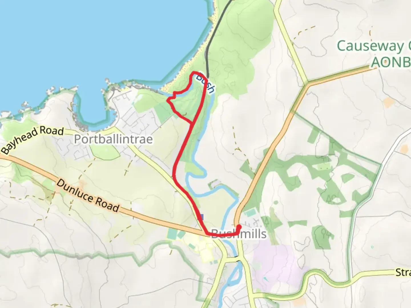 An image depicting the trail Bushmills Ulster Scots Walk and its surrounding area.