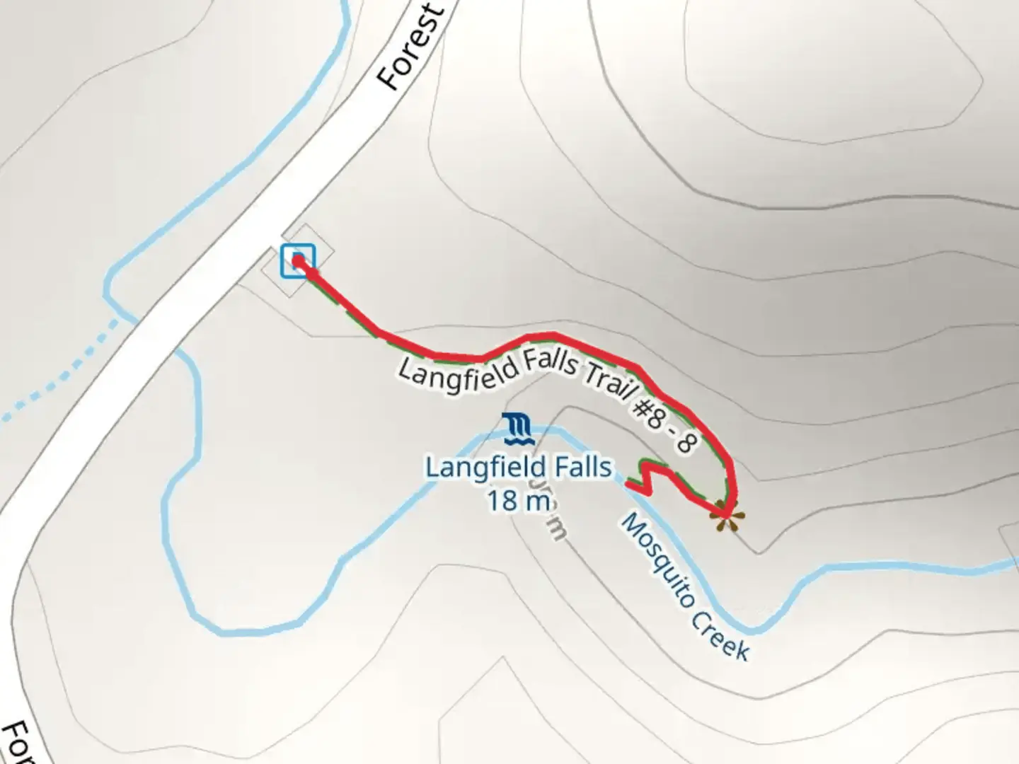 An image depicting the trail Langfield Falls Trail and its surrounding area.