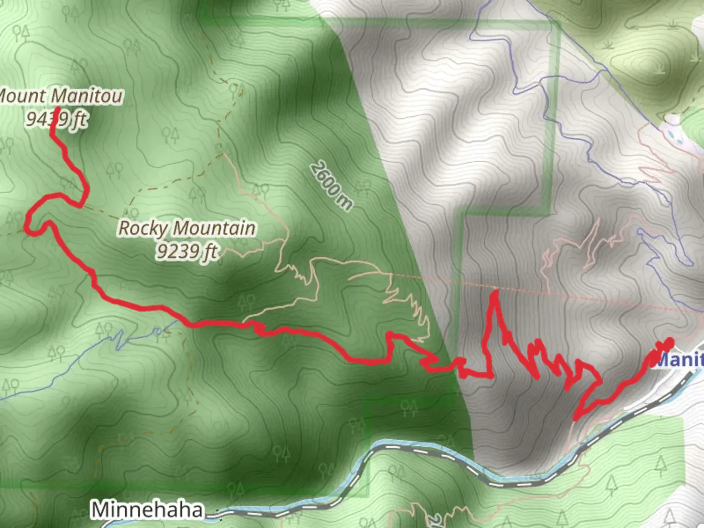 An image depicting the trail Mount Manitou via Barr Trail and its surrounding area.