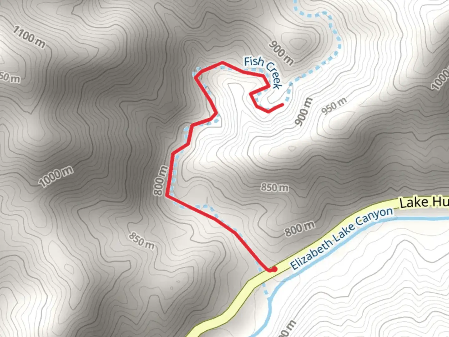 An image depicting the trail Fish Creek from Lake Hughes Road and its surrounding area.