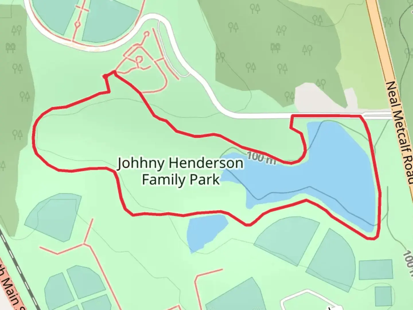 An image depicting the trail Johhny Henderson Family Park Loop and its surrounding area.