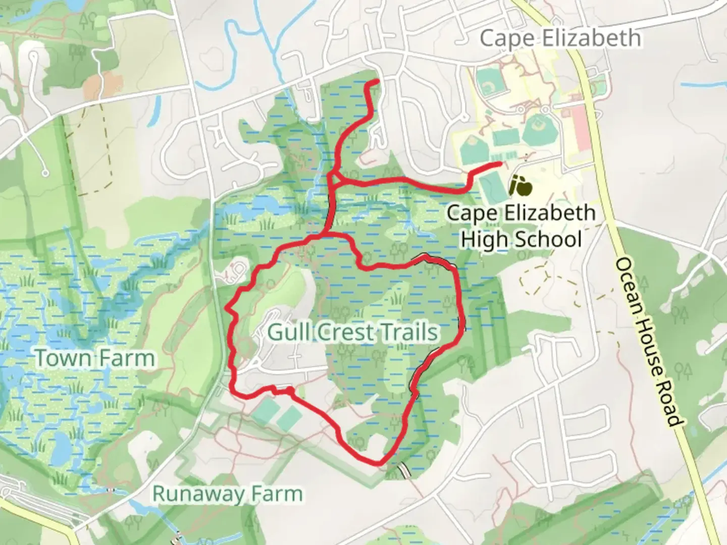An image depicting the trail Spurwink River and Gull Crest Fields Loop and its surrounding area.