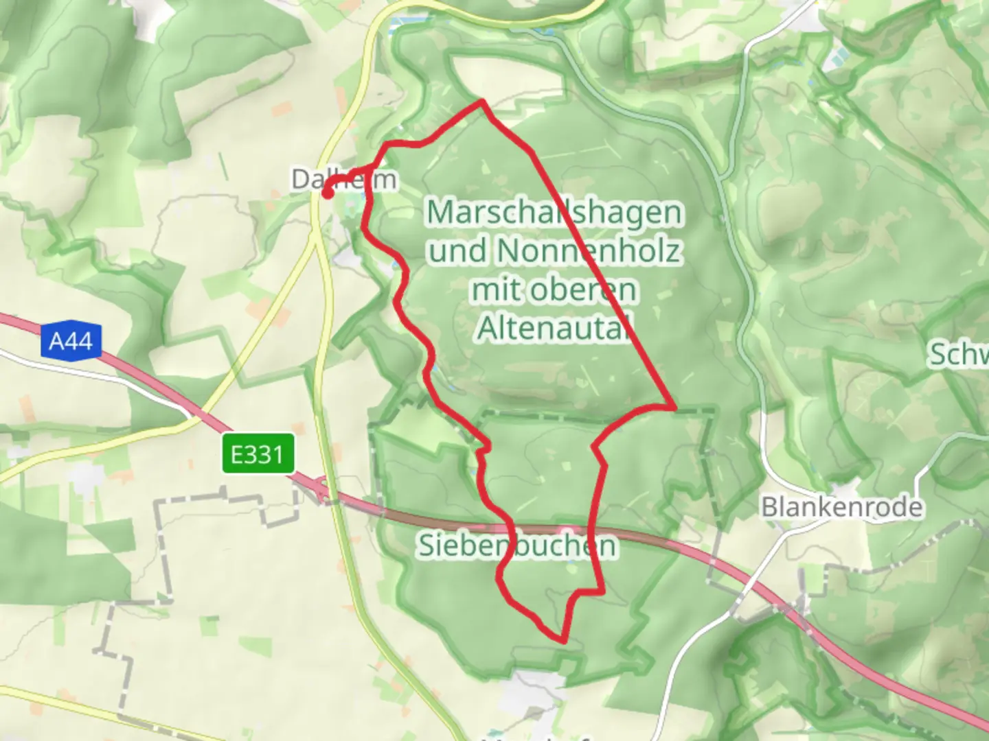 An image depicting the trail Dalheim and Siebenbuchen Loop and its surrounding area.