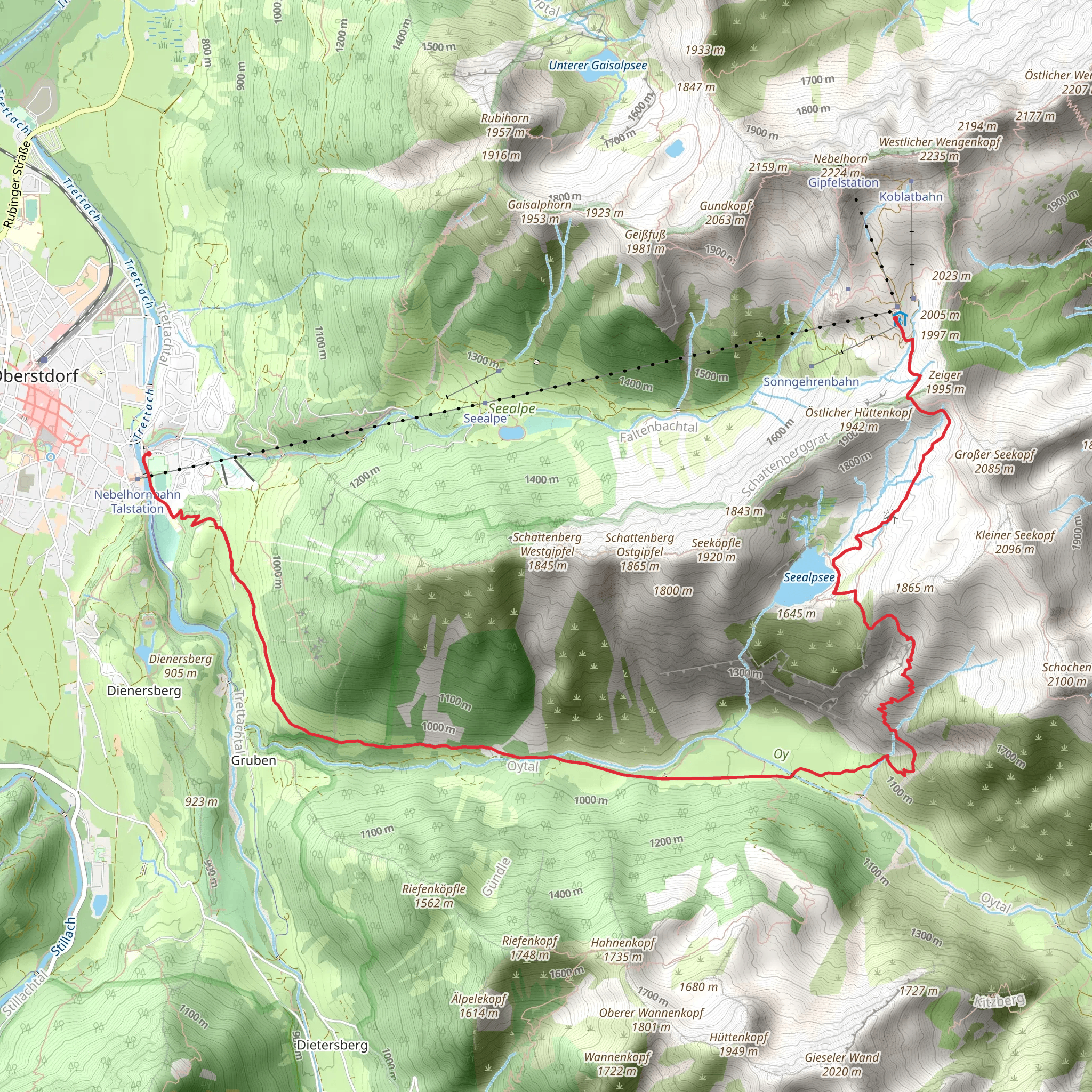 Oberstdorf to Höfatsblick Mountain Station Walk via O Winterwanderung ins Oytal and Seealpsee mobile static map