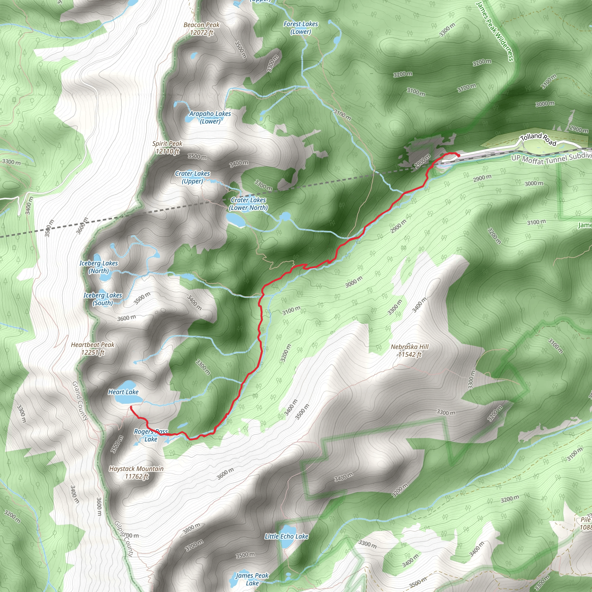 Heart Lake and Rogers Pass Lake via South Boulder Creek Trail mobile static map