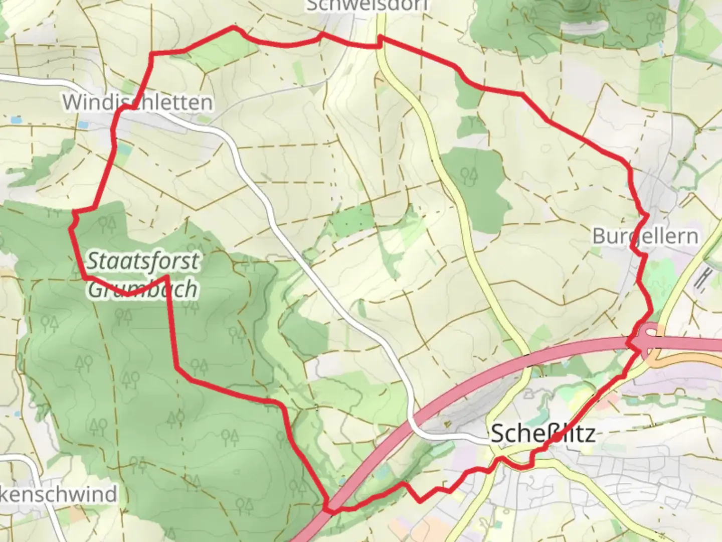 An image depicting the trail Main Donau Weg and Pfaddenritt and its surrounding area.