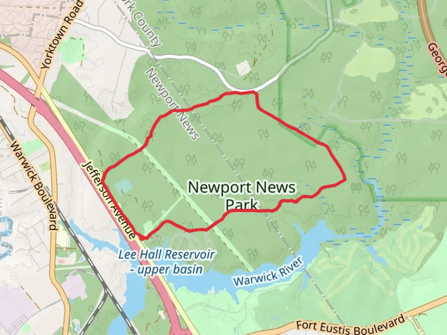An image depicting the trail Newport News Park Loop - North and its surrounding area.