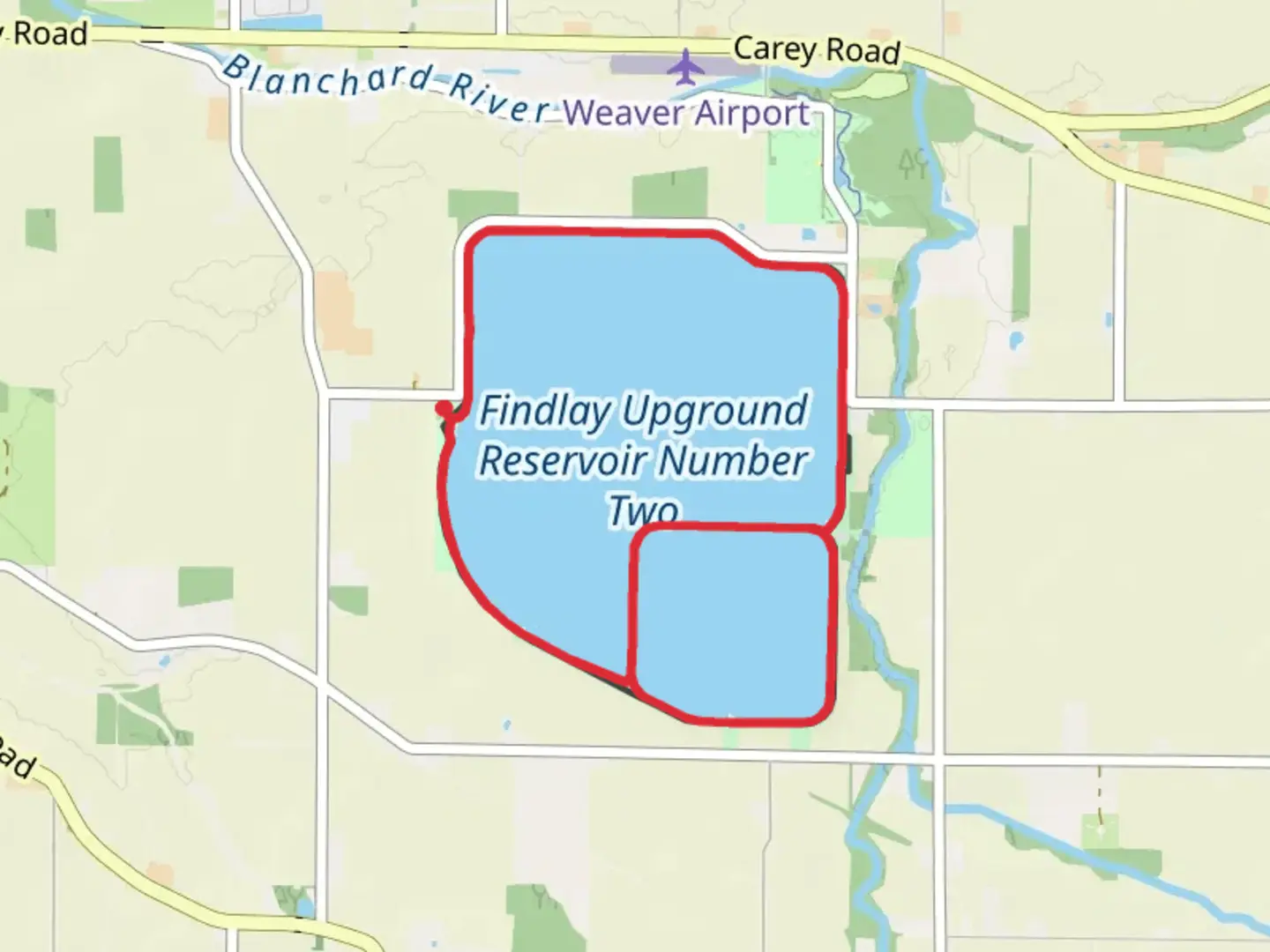 An image depicting the trail Findlay Upground Reservoir Number 1 and 2 Loop and its surrounding area.