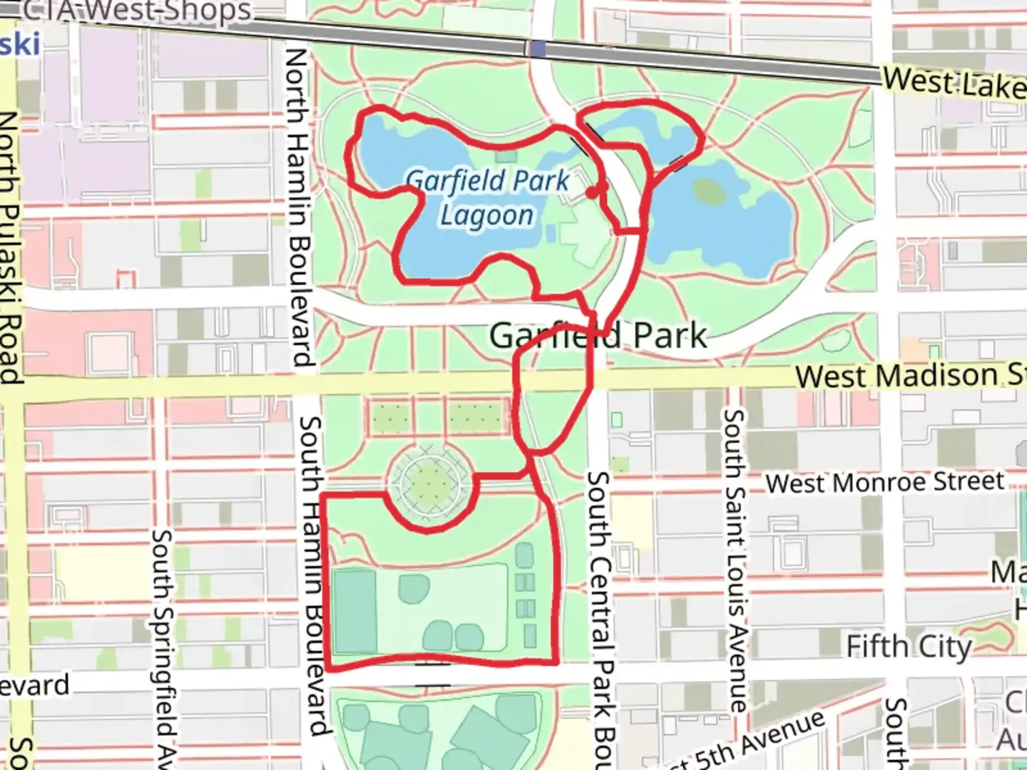 An image depicting the trail Garfield Park Loop and its surrounding area.