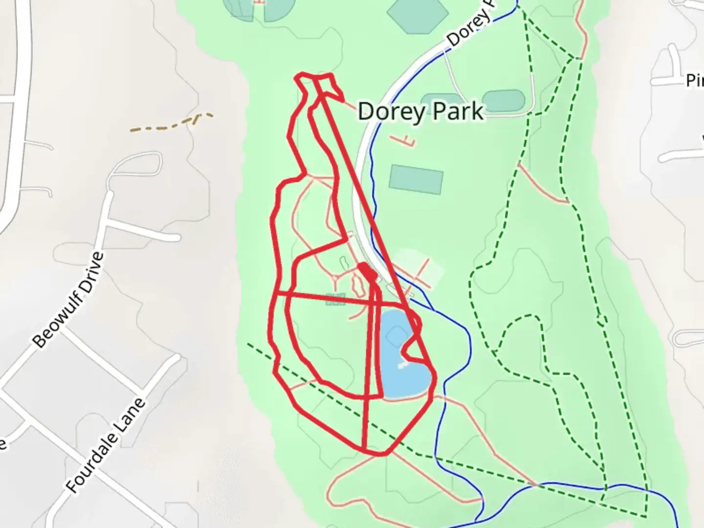 An image depicting the trail Dorey Park Drive Loop and its surrounding area.