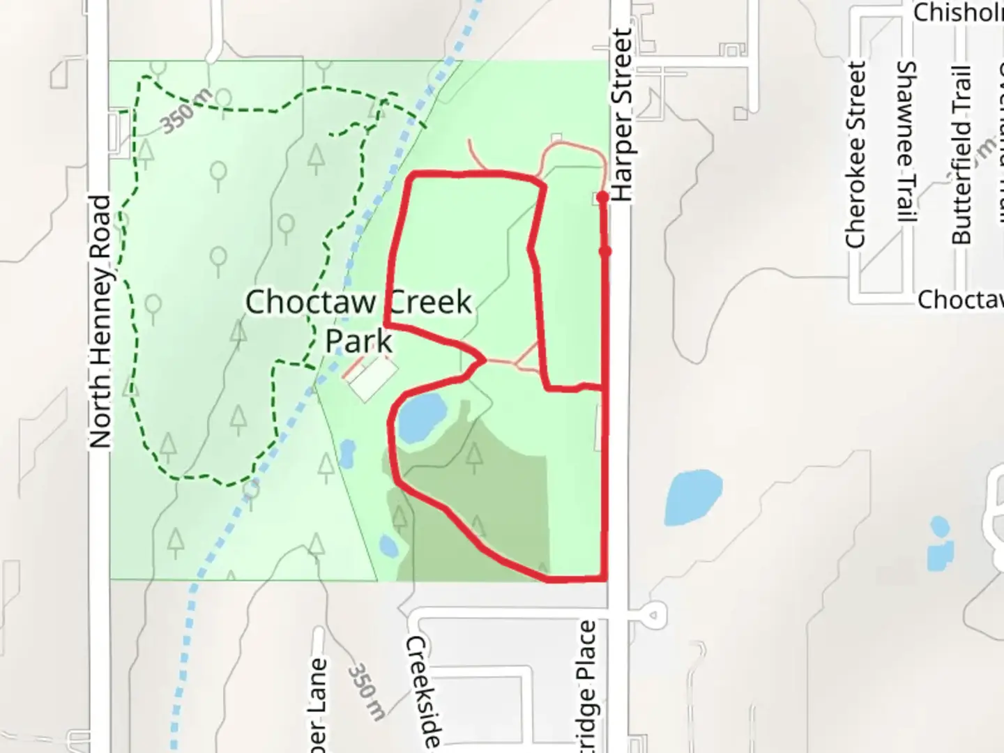 An image depicting the trail Choctaw Creek Park Loop Trail and its surrounding area.