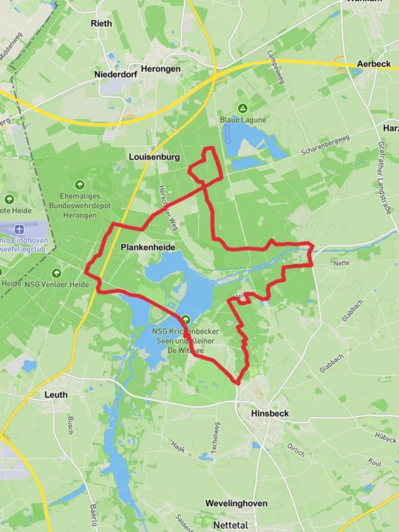 An image depicting the trail NSG Krickenbecker Seen und Kleiner de Wittsee Loop and its surrounding area.