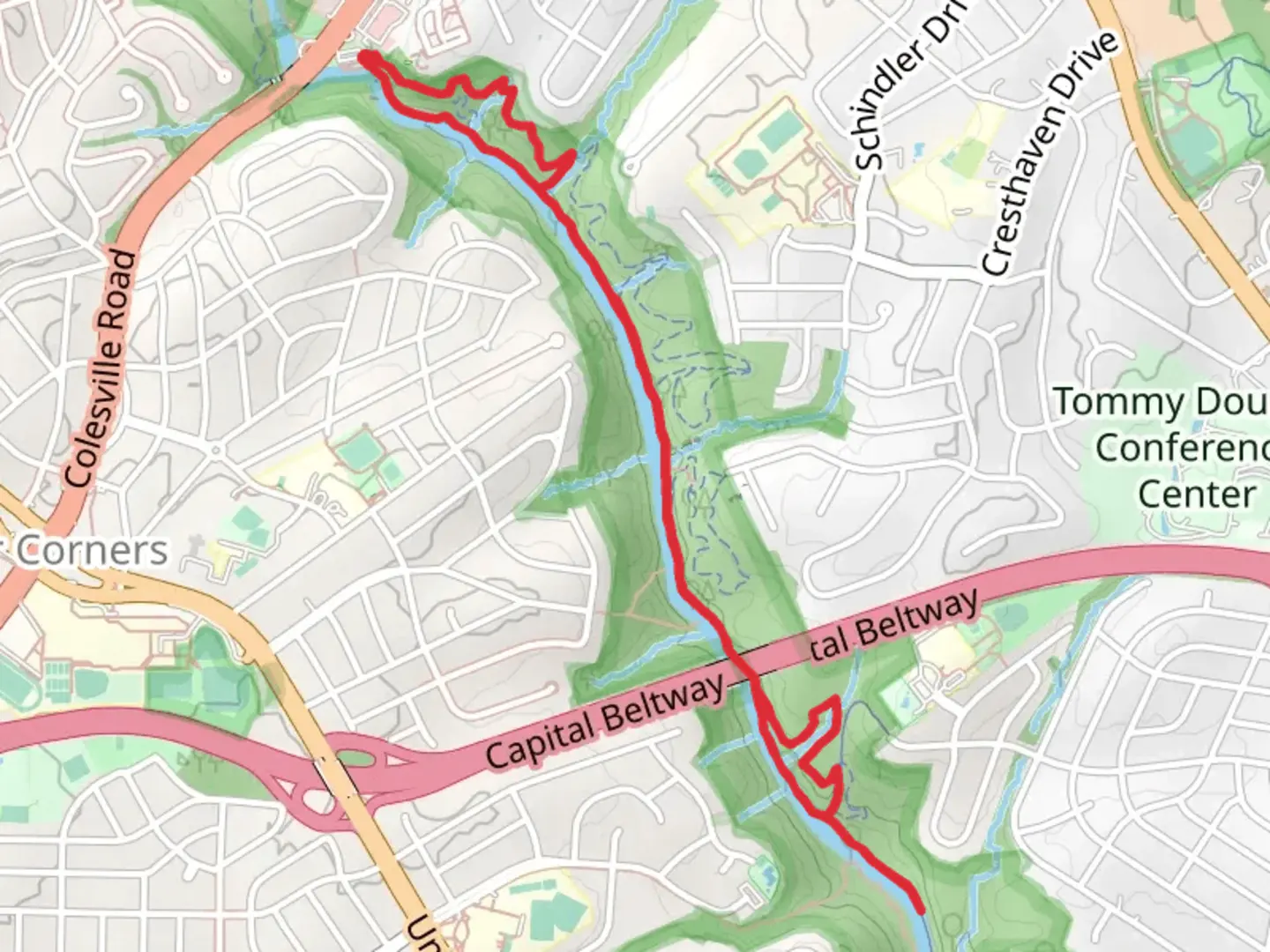 An image depicting the trail Northwest Branch Trail and Fall Line Loop Trail and its surrounding area.