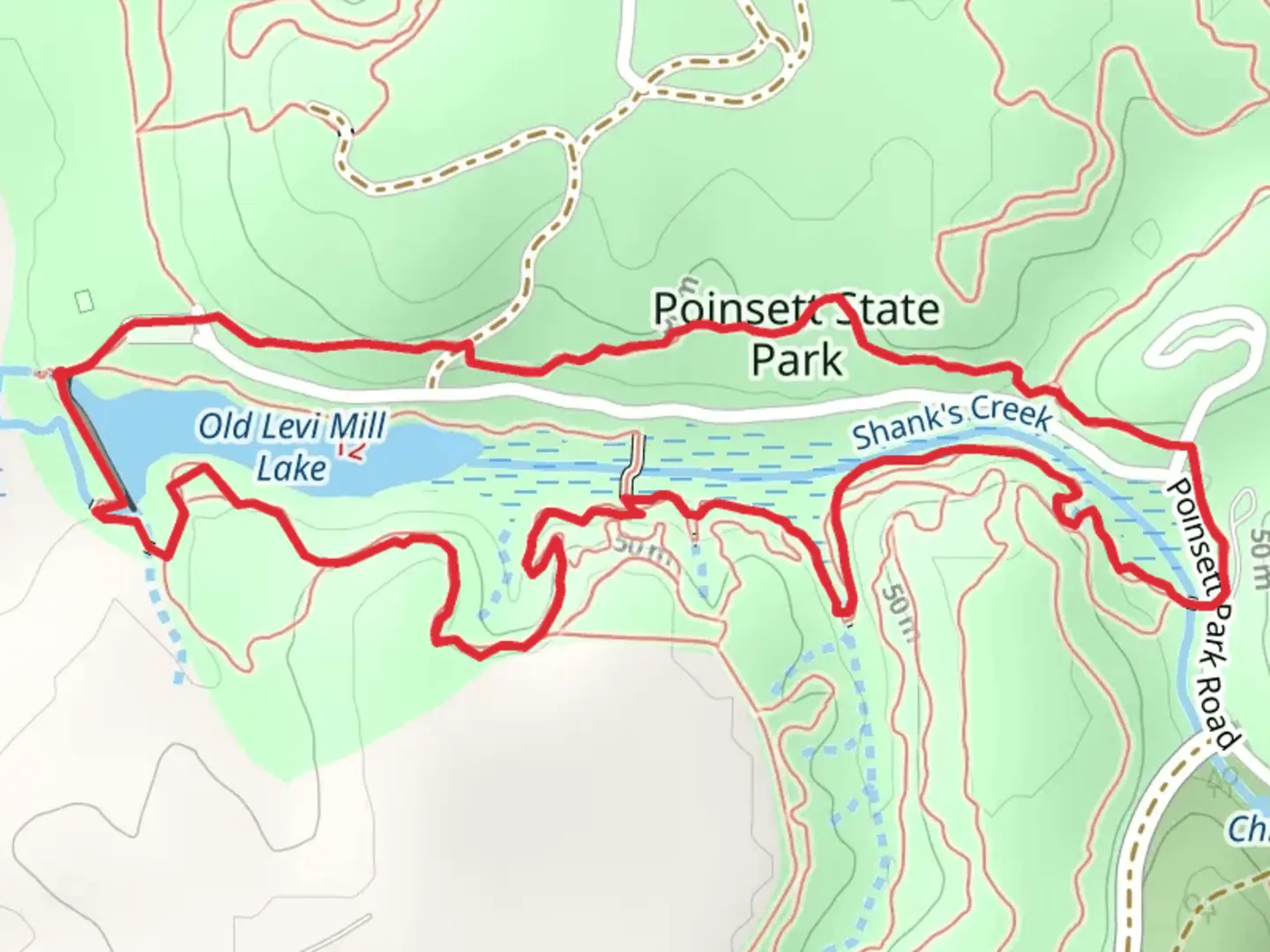 An image depicting the trail Old Levi Mill Lake Loop and its surrounding area.