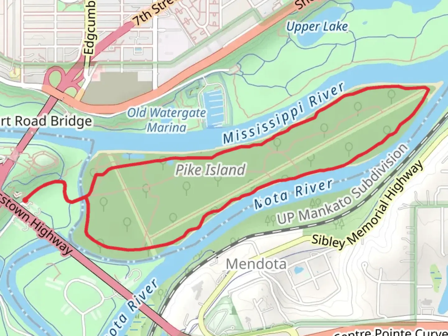 An image depicting the trail Pike Island Trail Loop and its surrounding area.