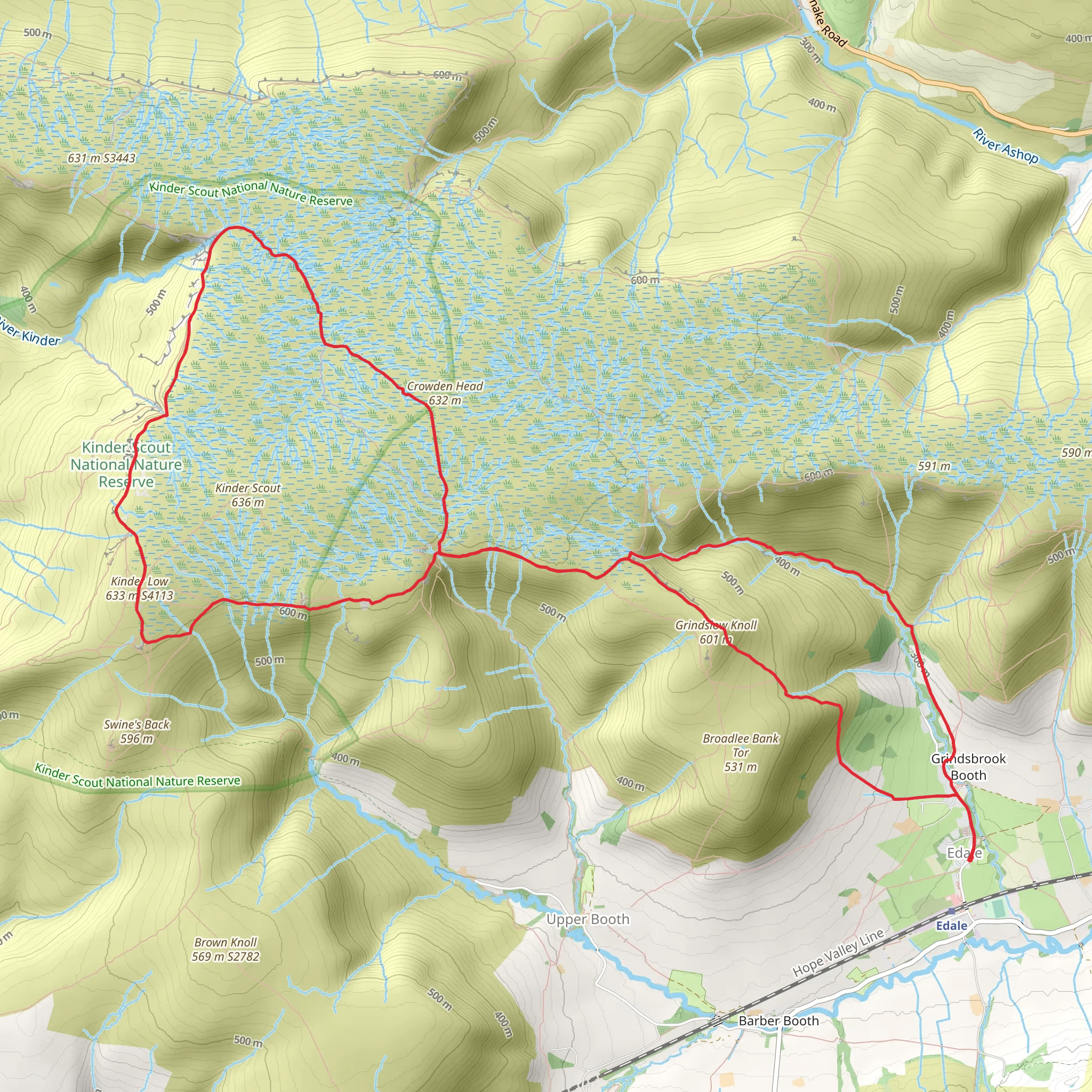 Grindslow Knoll, Kinder Low, Kinder Downfall and Kinder Gates Loop - Edale mobile static map