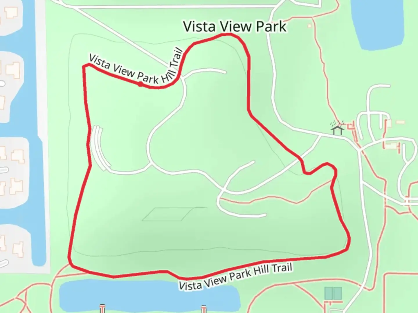 An image depicting the trail Vista View Park Hill Loop Trail and its surrounding area.