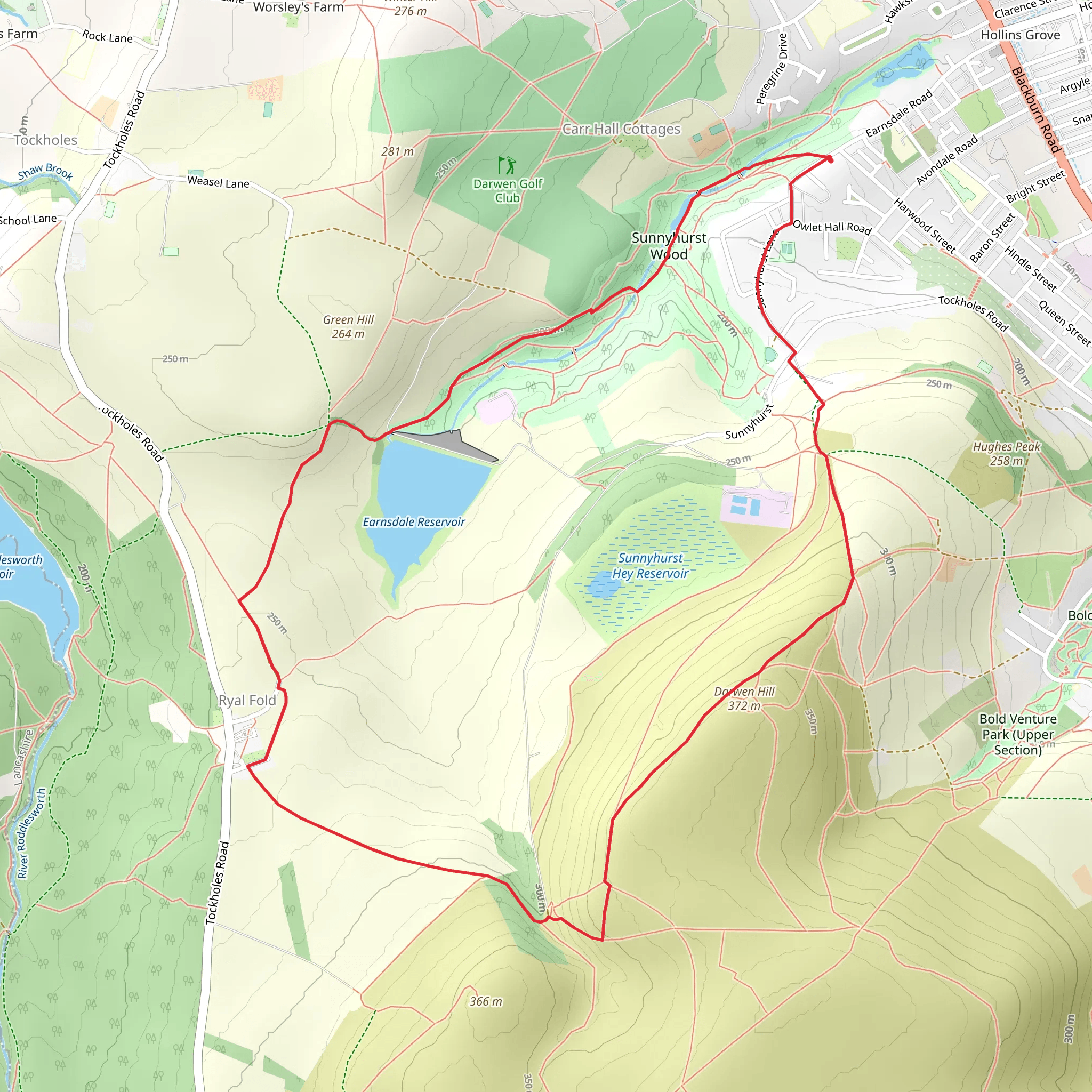 Earnsdale reservoir and Sunnyhurst Wood Loop mobile static map