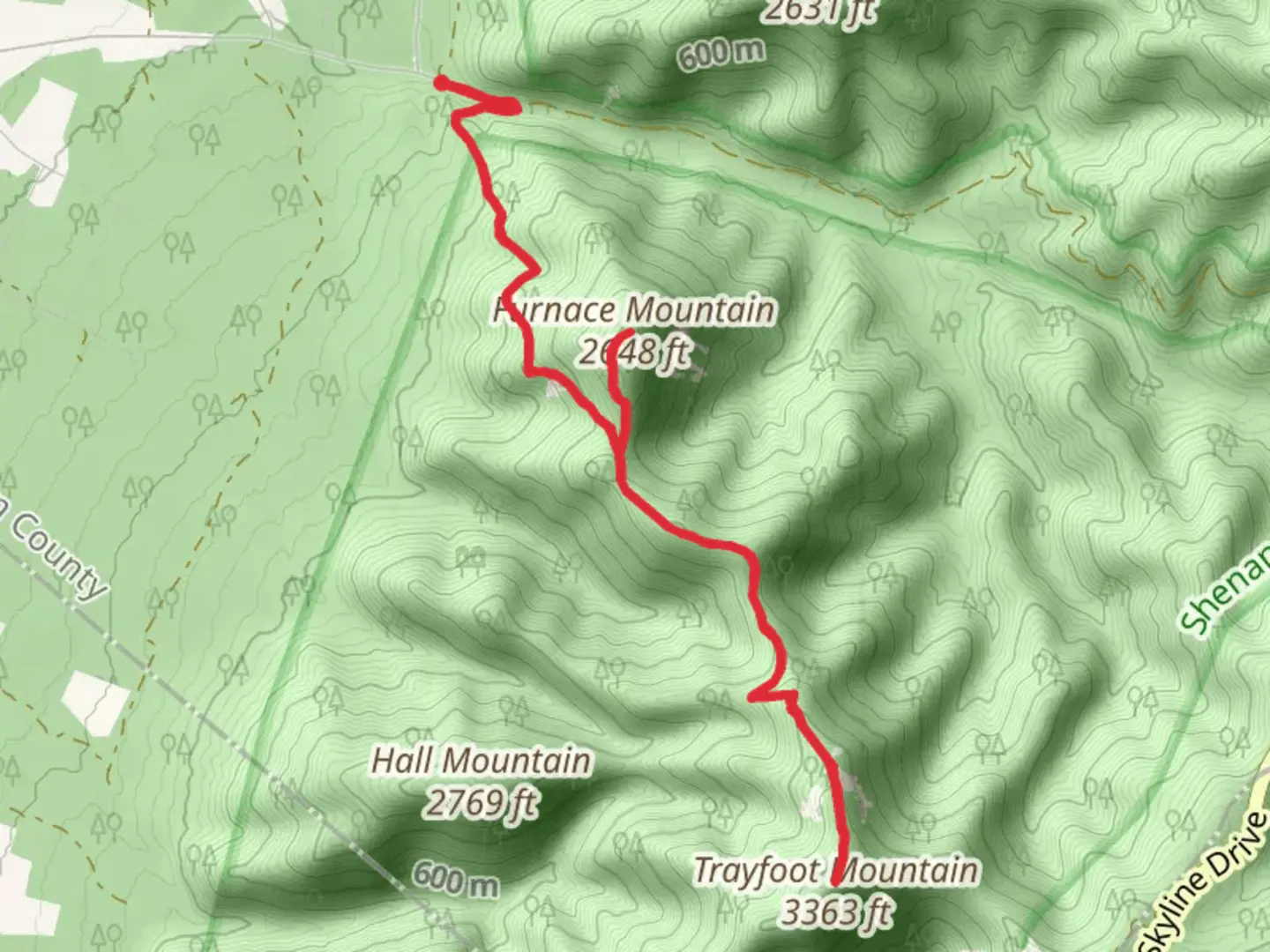 An image depicting the trail Furnace Mountain and Trayfoot Mountain and its surrounding area.