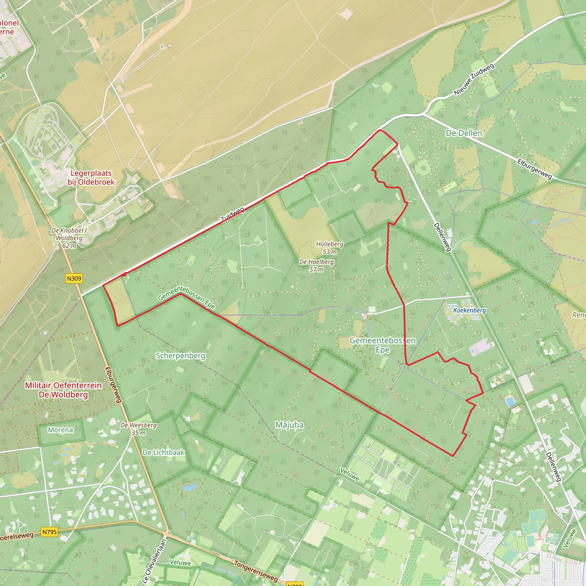 Bervoetsbos, Woldbergheide and holleberg via Kamper Weg and Zuid Weg mobile static map