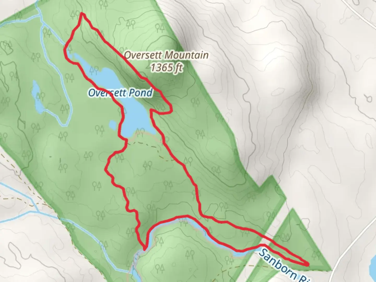 An image depicting the trail Oversett Pond and Sanborn River Loop Trail and its surrounding area.