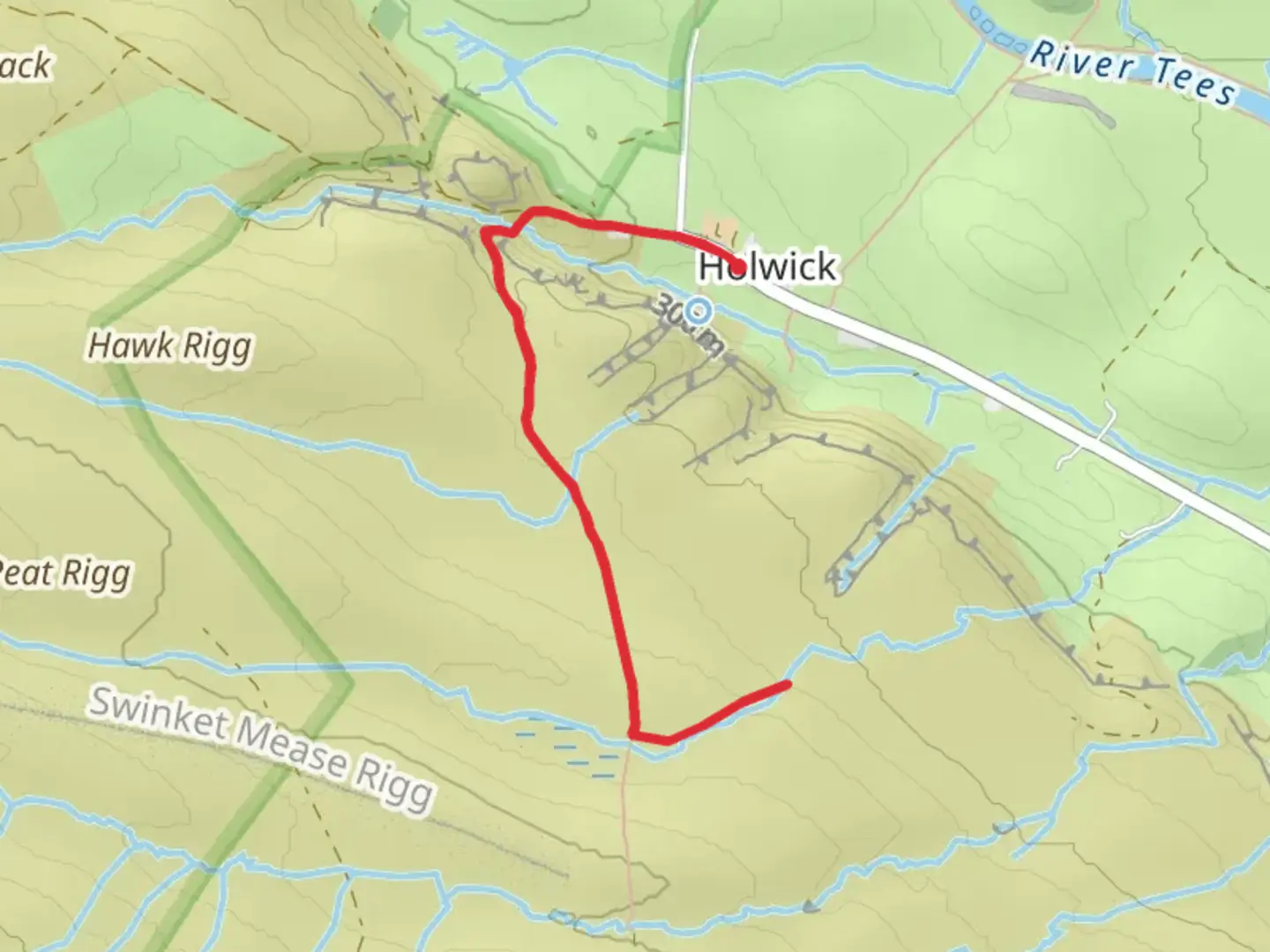 An image depicting the trail Eel Beck Waterfall and its surrounding area.